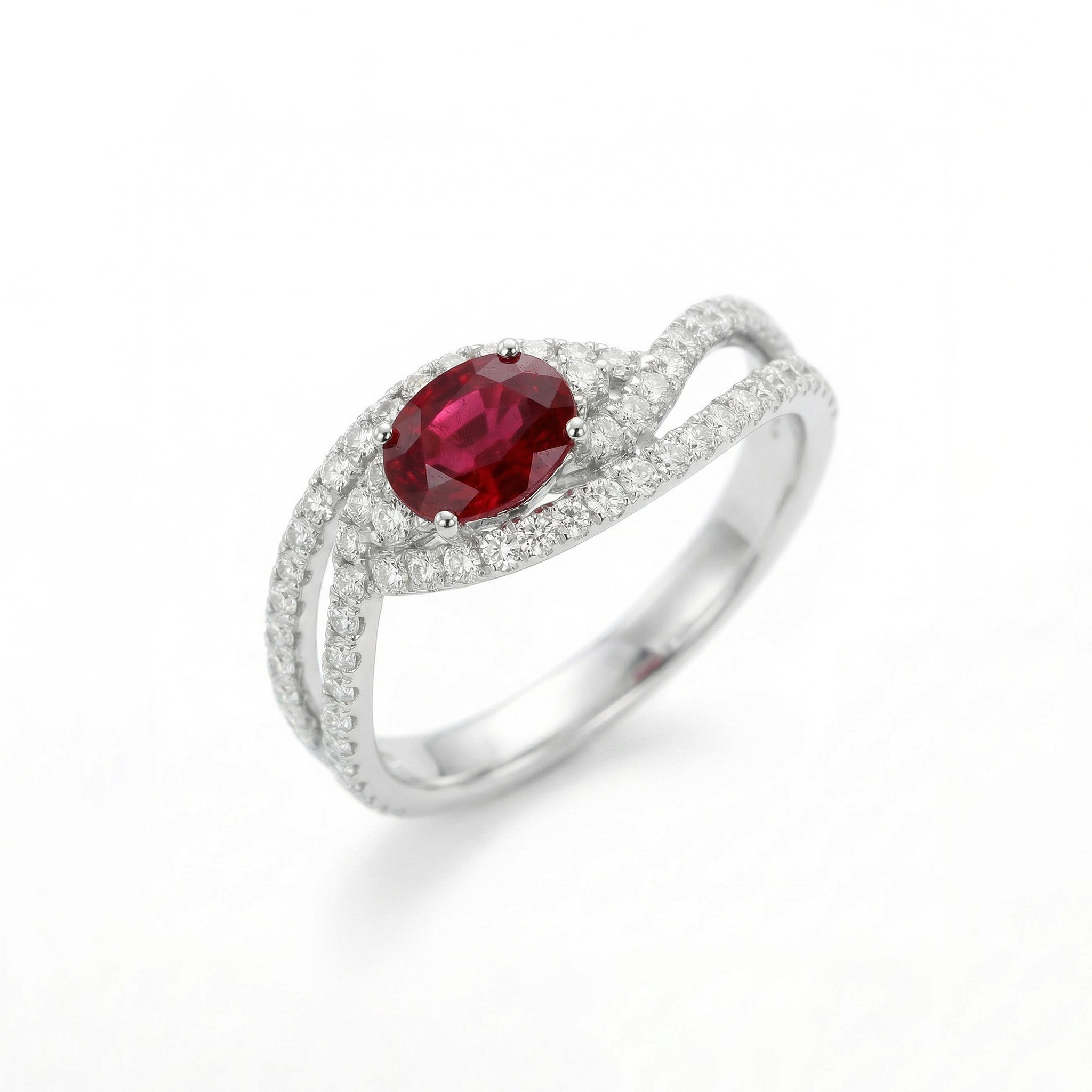 0.55ct Natural Ruby and Diamond Pave Crossover Ring in 18K White Gold - JewelryAndStore