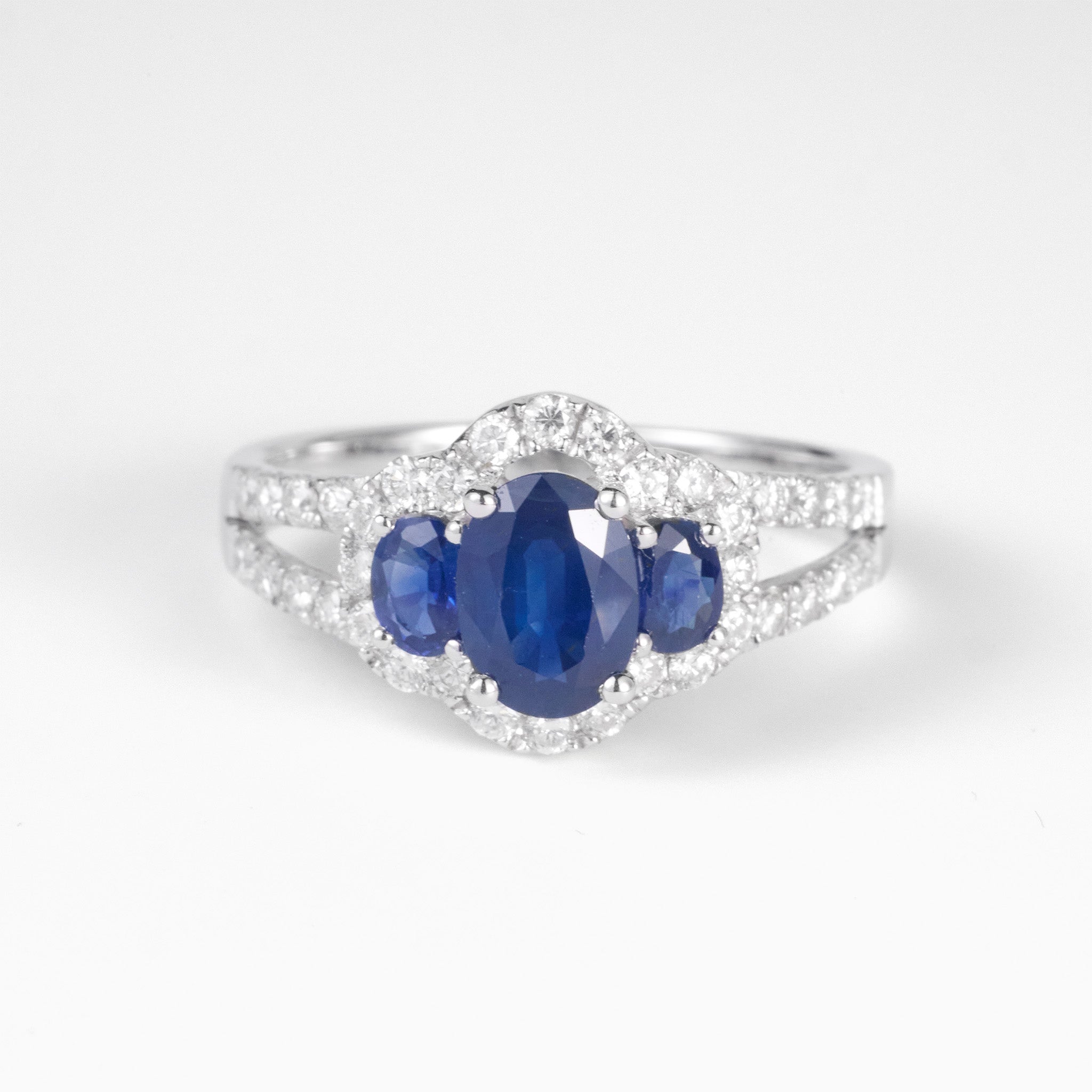 1.44ct. Natural Blue Sapphire Three - Stone Diamond Cluster Ring in 14K Gold - JewelryAndStore
