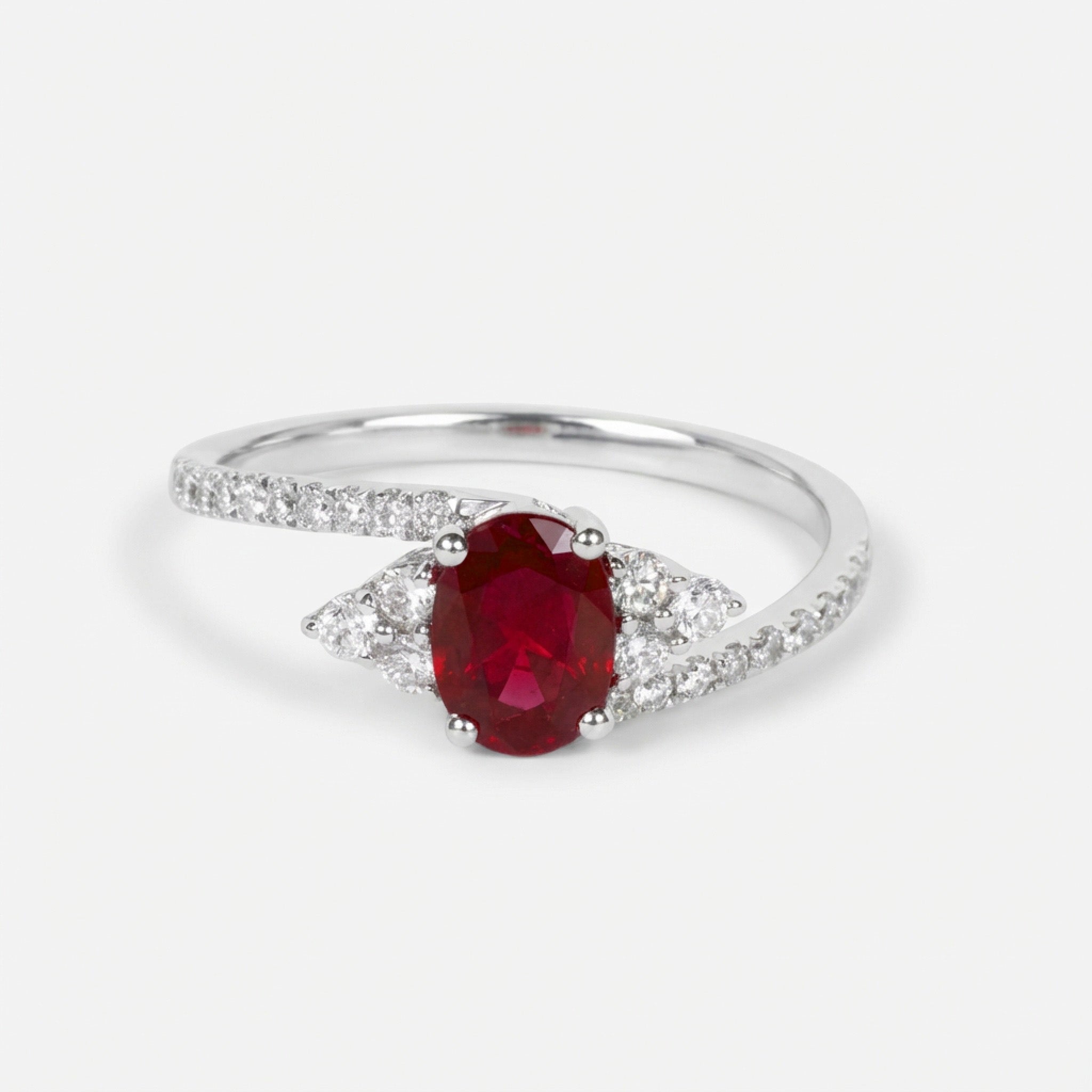 0.93ct Natural Ruby and Diamond Bypass Swirl Ring in 18K White Gold - JewelryAndStore