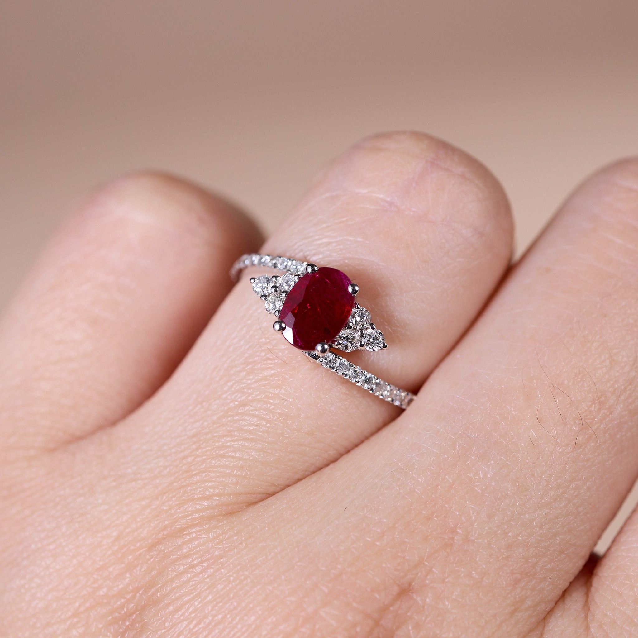 0.93ct Natural Ruby and Diamond Bypass Swirl Ring in 18K White Gold - JewelryAndStore