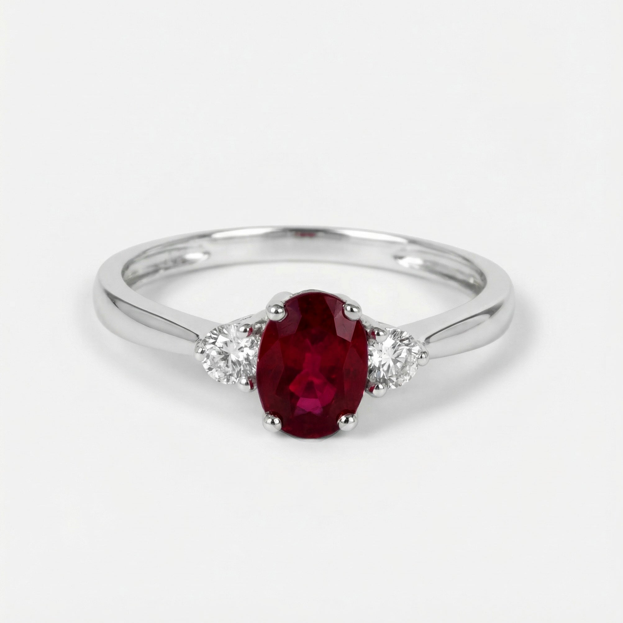 1.00ct Natural Ruby and Diamond Three - Stone Solitaire Ring in 18K White Gold - JewelryAndStore