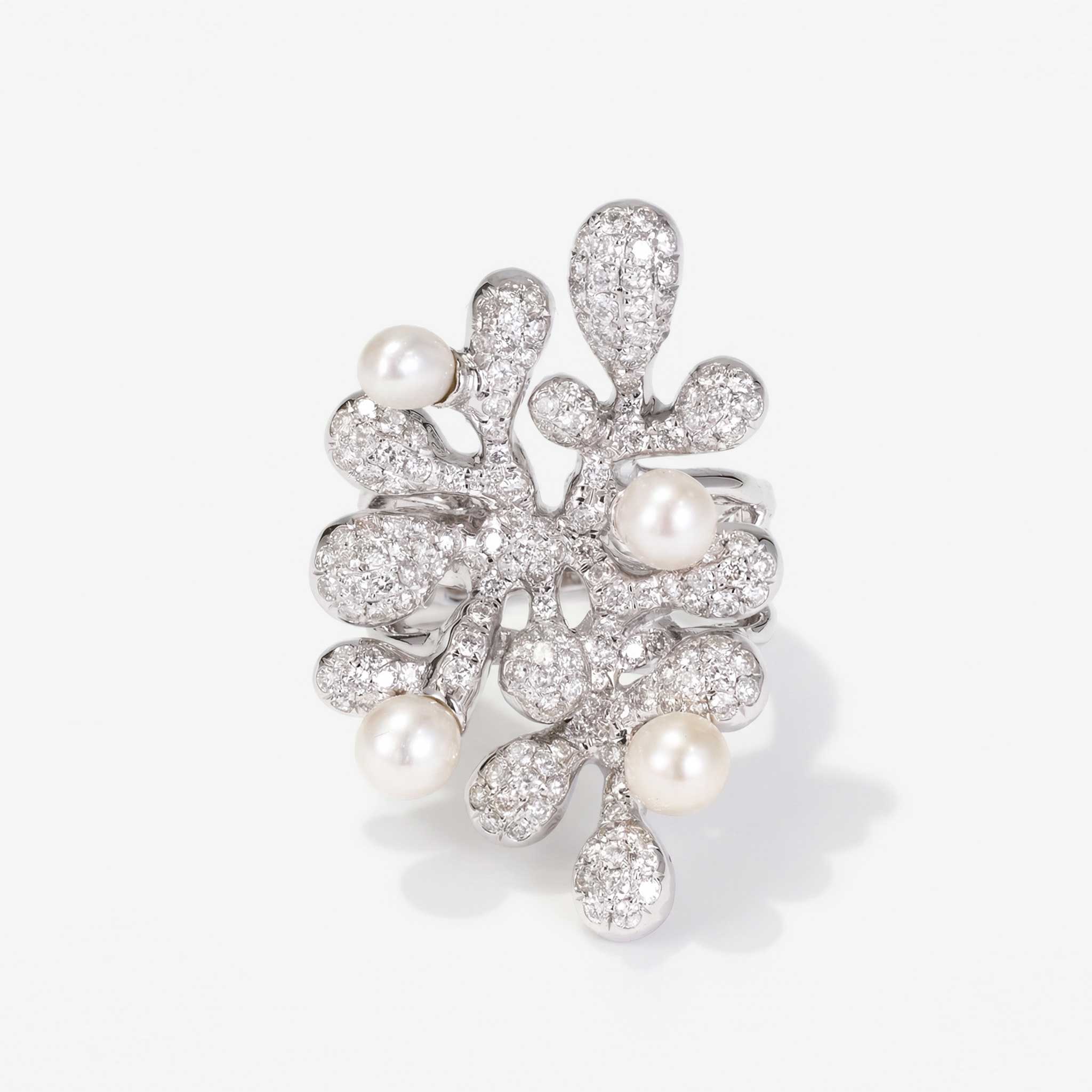 Natural Diamond & Freshwater Pearl Coral Ring 18K Gold - JewelryandStore