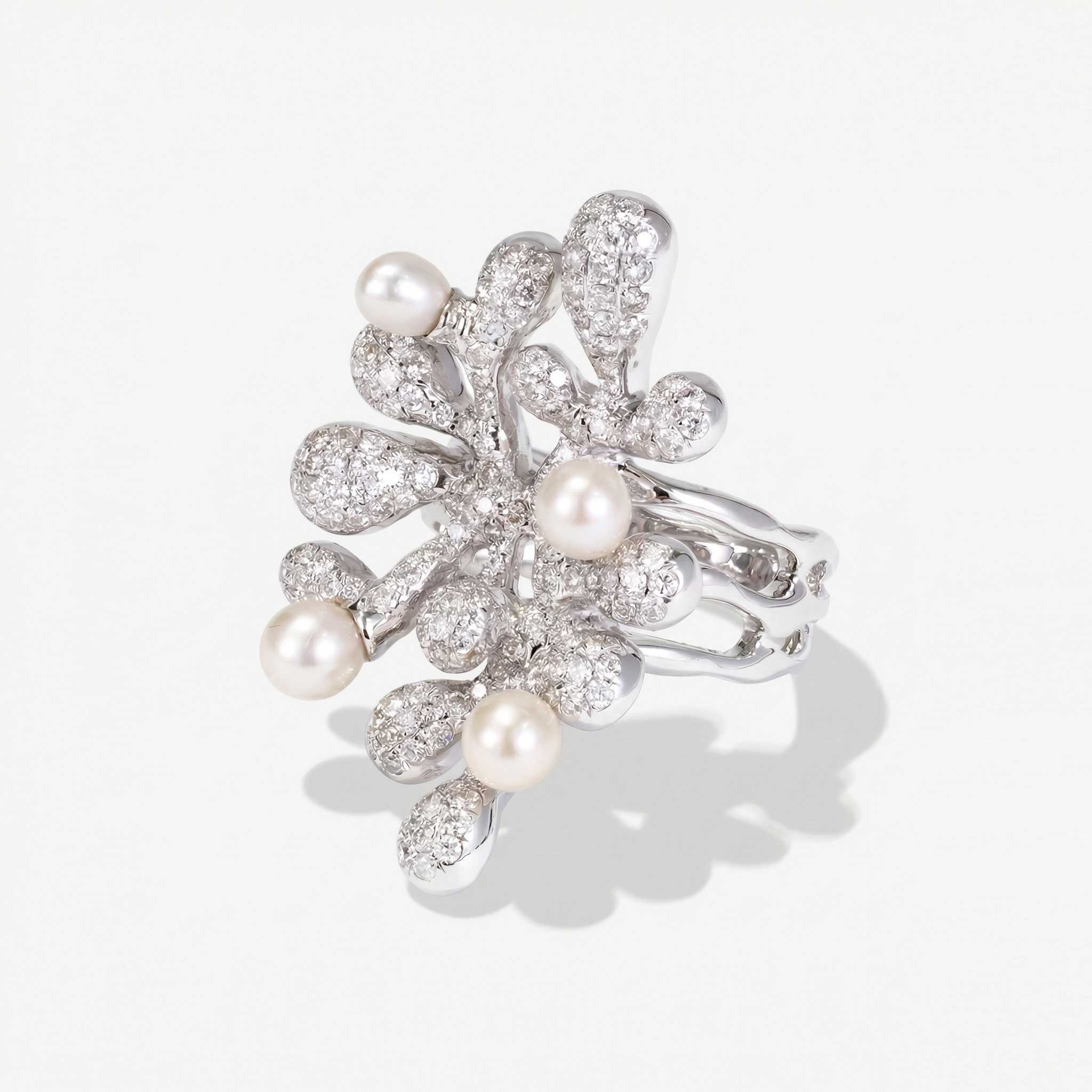Natural Diamond & Freshwater Pearl Coral Ring 18K Gold - JewelryandStore