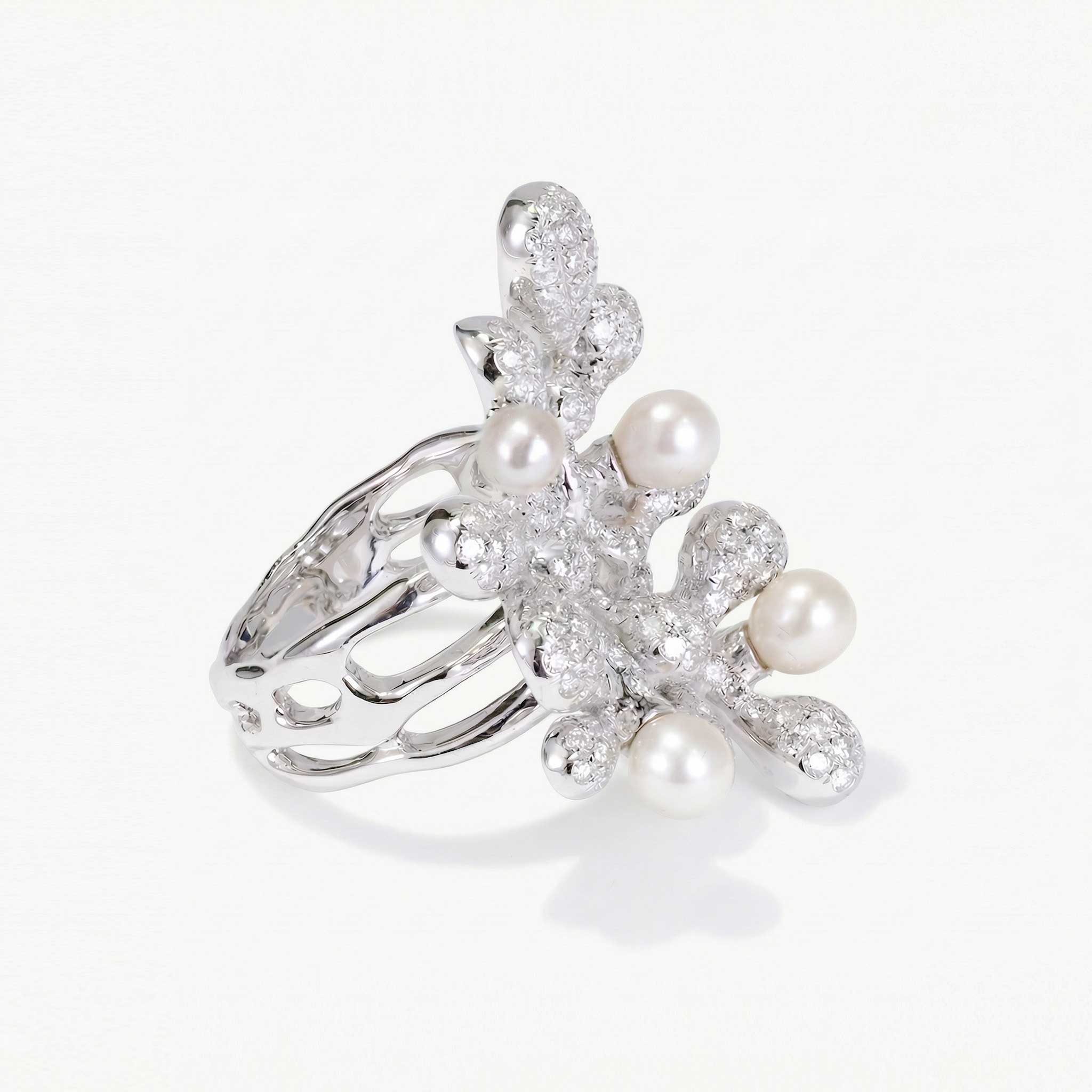 Natural Diamond & Freshwater Pearl Coral Ring 18K Gold - JewelryandStore