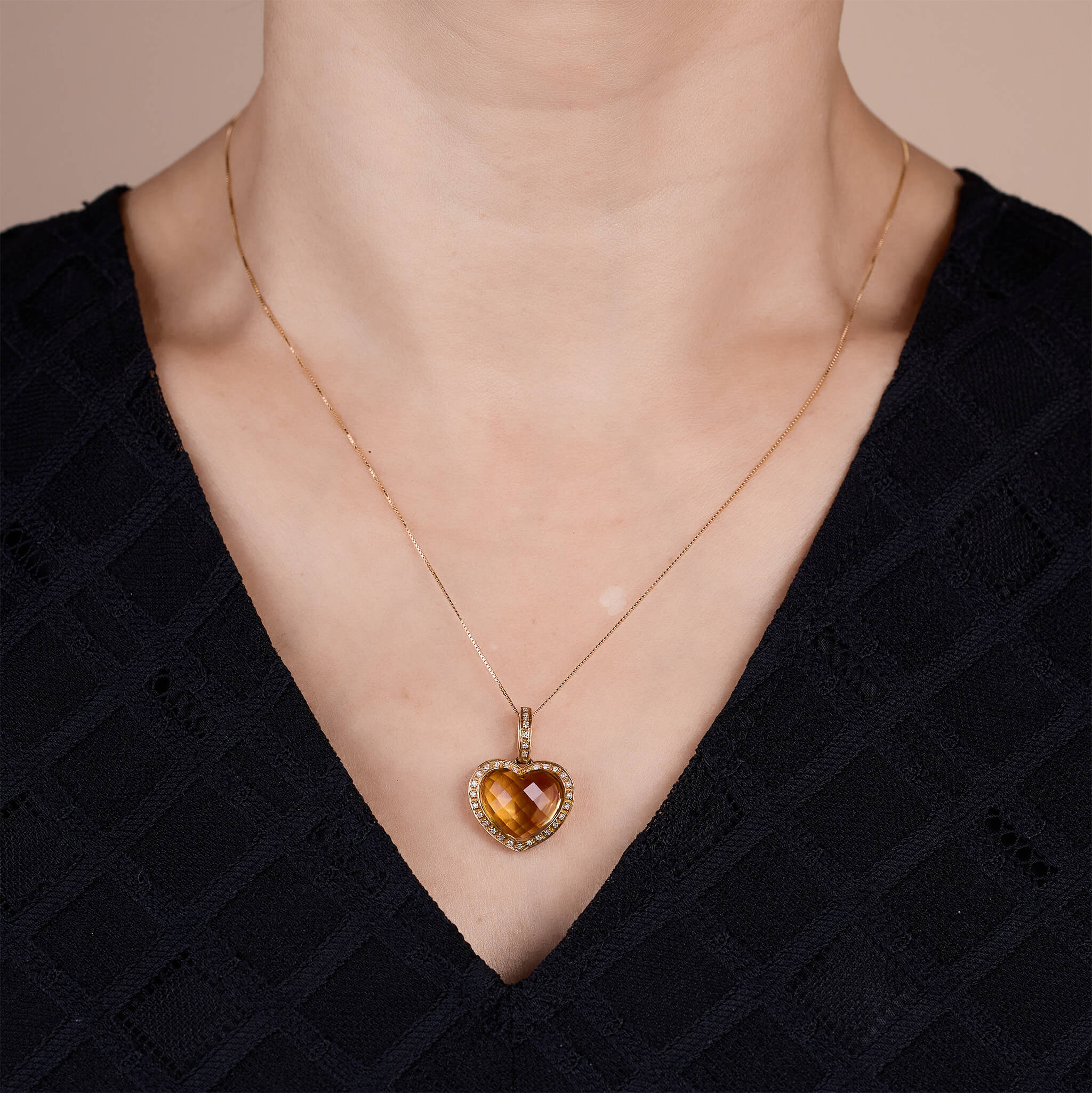 18K Gold Citrine and Diamond Heart Pendant - Jewelry And Store