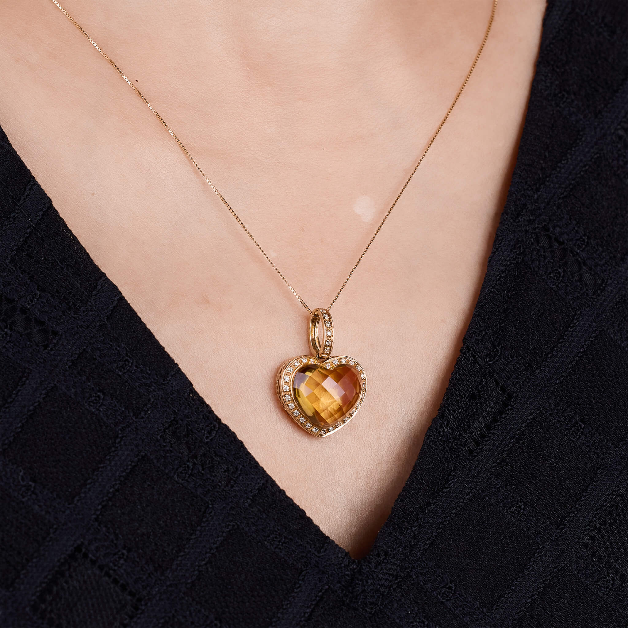 18K Gold Citrine and Diamond Heart Pendant - Jewelry And Store