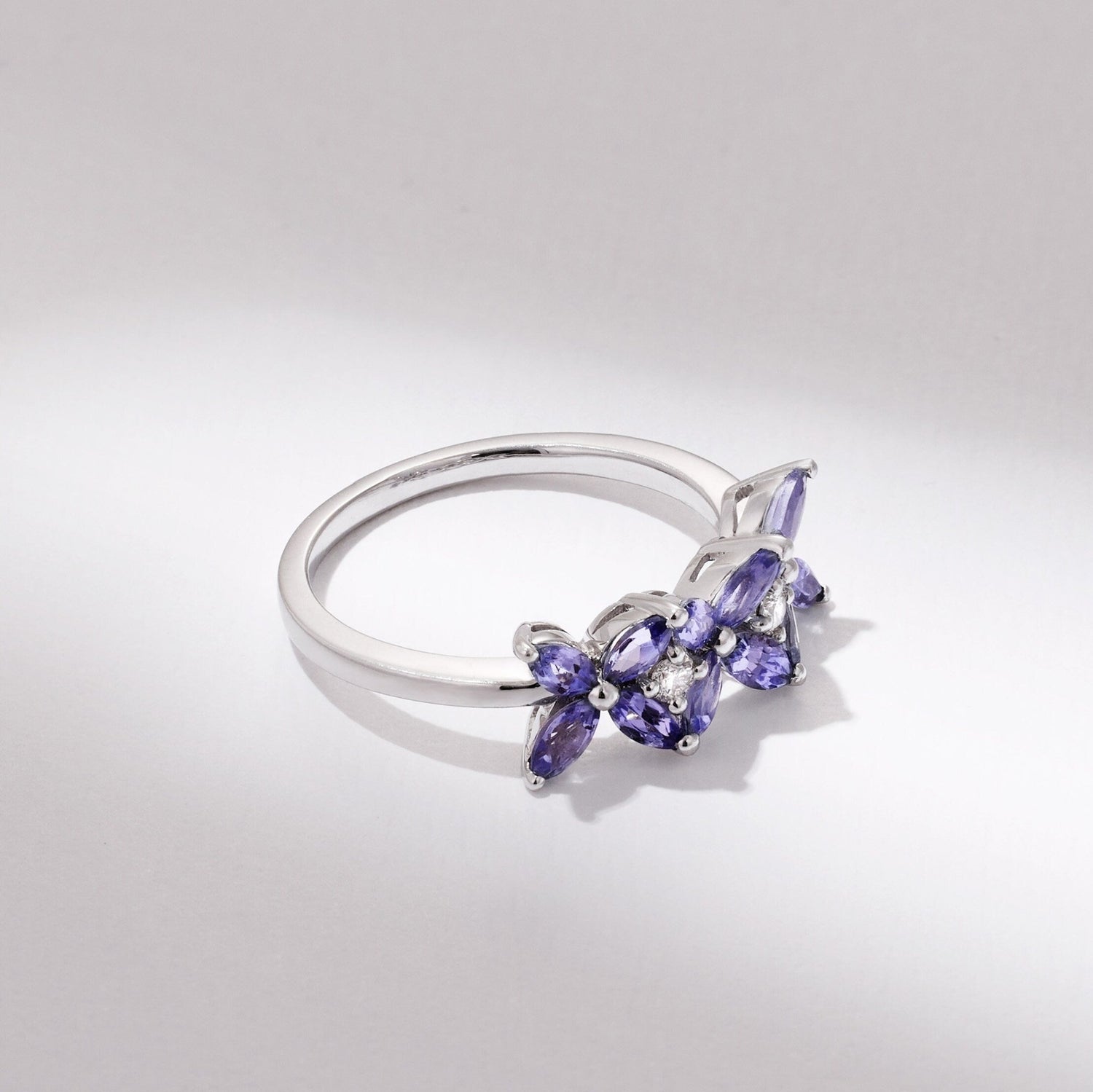 18K Gold Flowers Ring with Nature Marquise Tanzanite and Diamond - Jewelry And Store