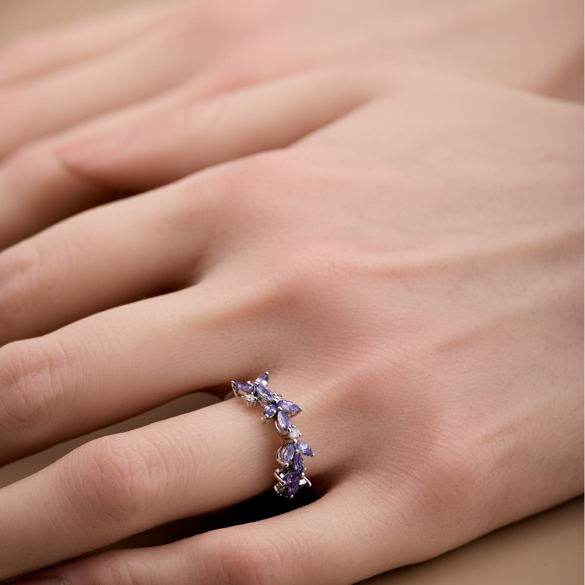 18K Gold Marquise Floral Ring with Natural Diamond and Lavender - Jewelry And Store