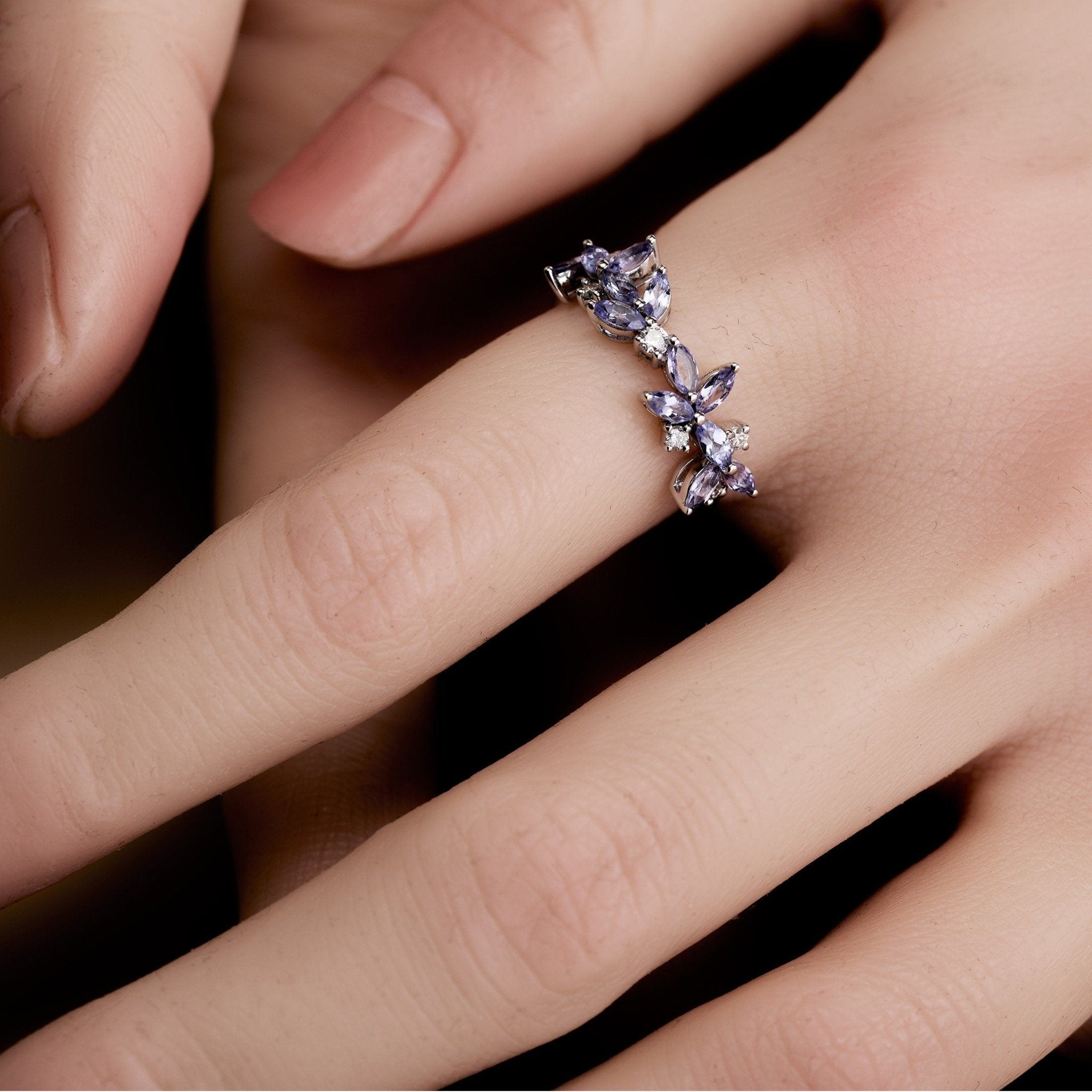 18K Gold Marquise Floral Ring with Natural Diamond and Lavender - Jewelry And Store