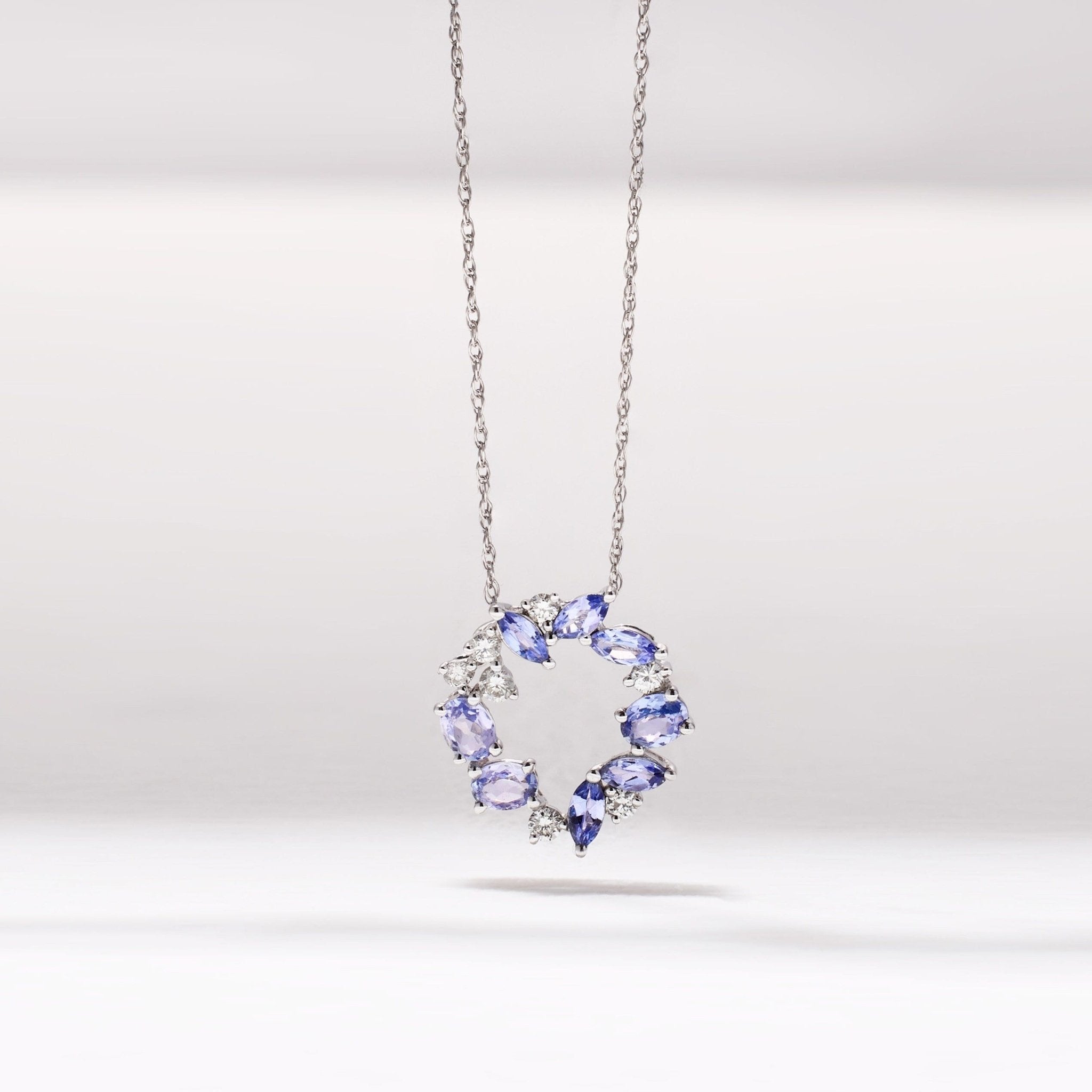 18K White Gold Petite Flower Pendant with Nature Tanzanite and Diamond - Jewelry And Store