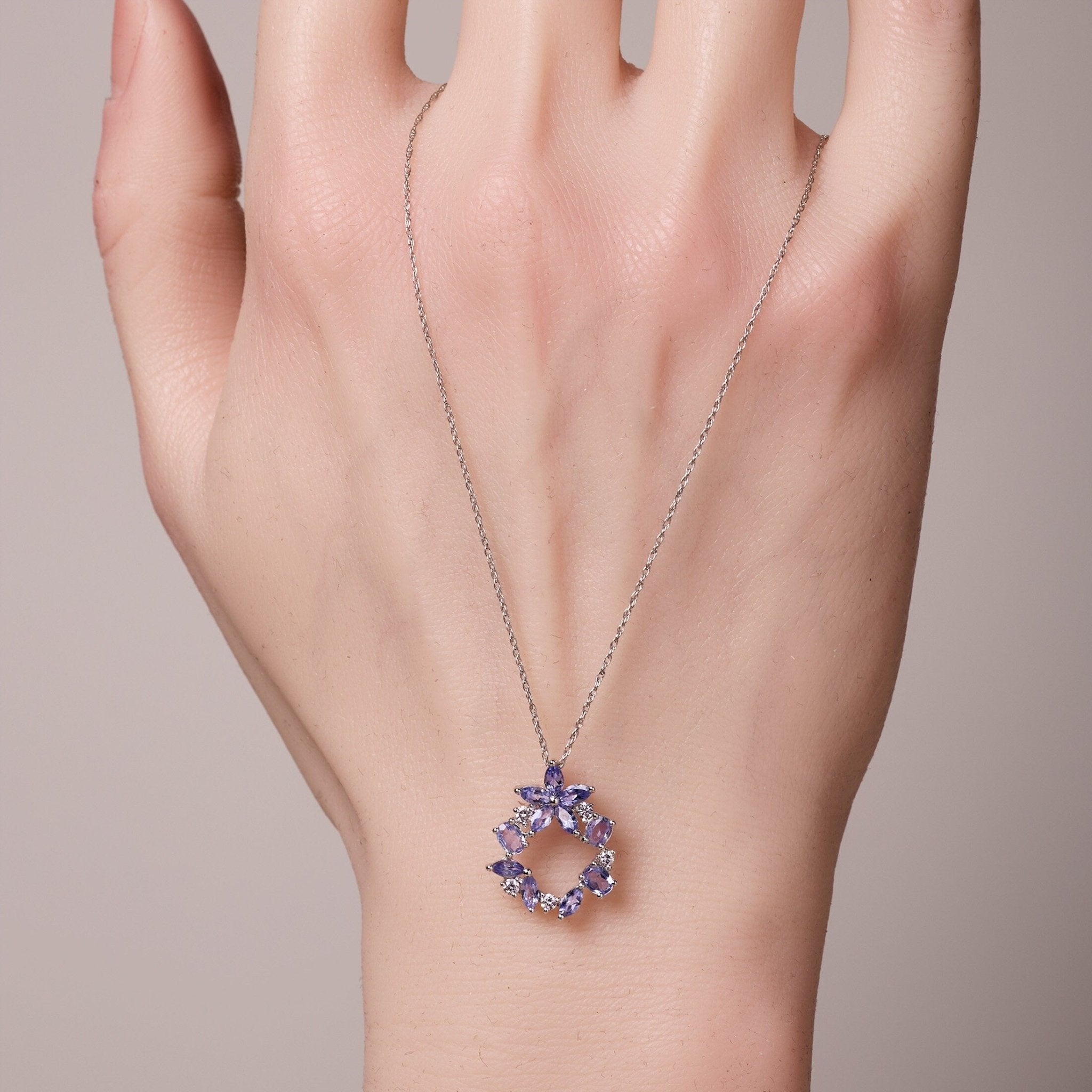 18K White Gold Petite Flower Pendant with Nature Tanzanite and Diamond - Jewelry And Store