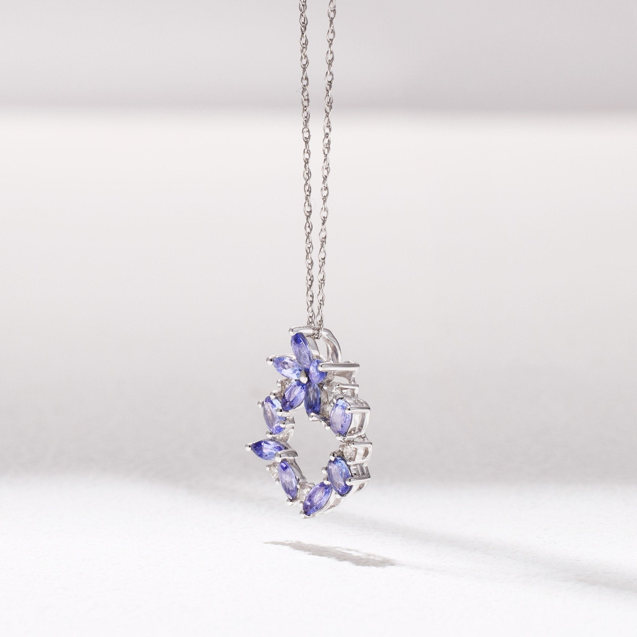 18K White Gold Petite Flower Pendant with Nature Tanzanite and Diamond - Jewelry And Store
