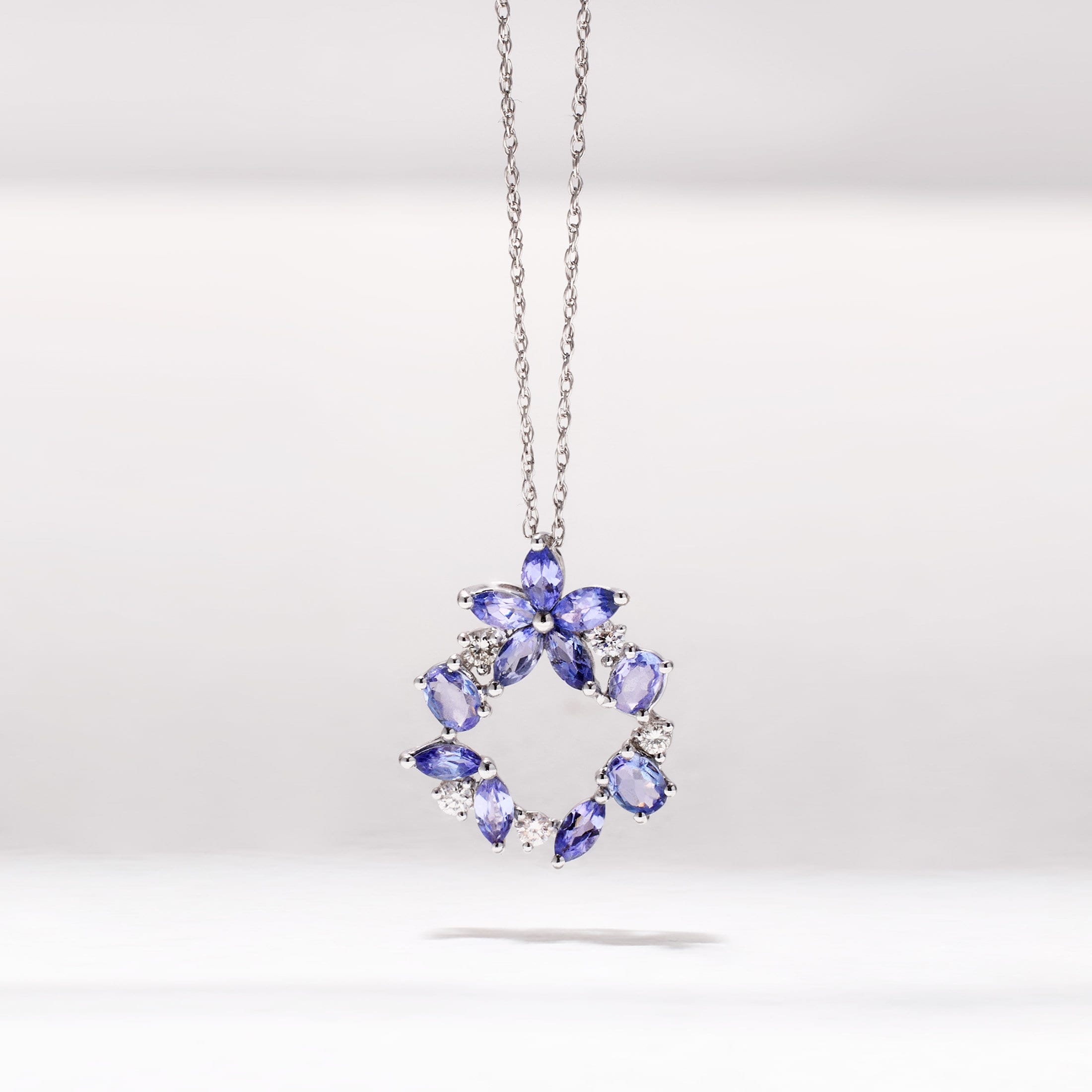 18K White Gold Petite Flower Pendant with Nature Tanzanite and Diamond - Jewelry And Store