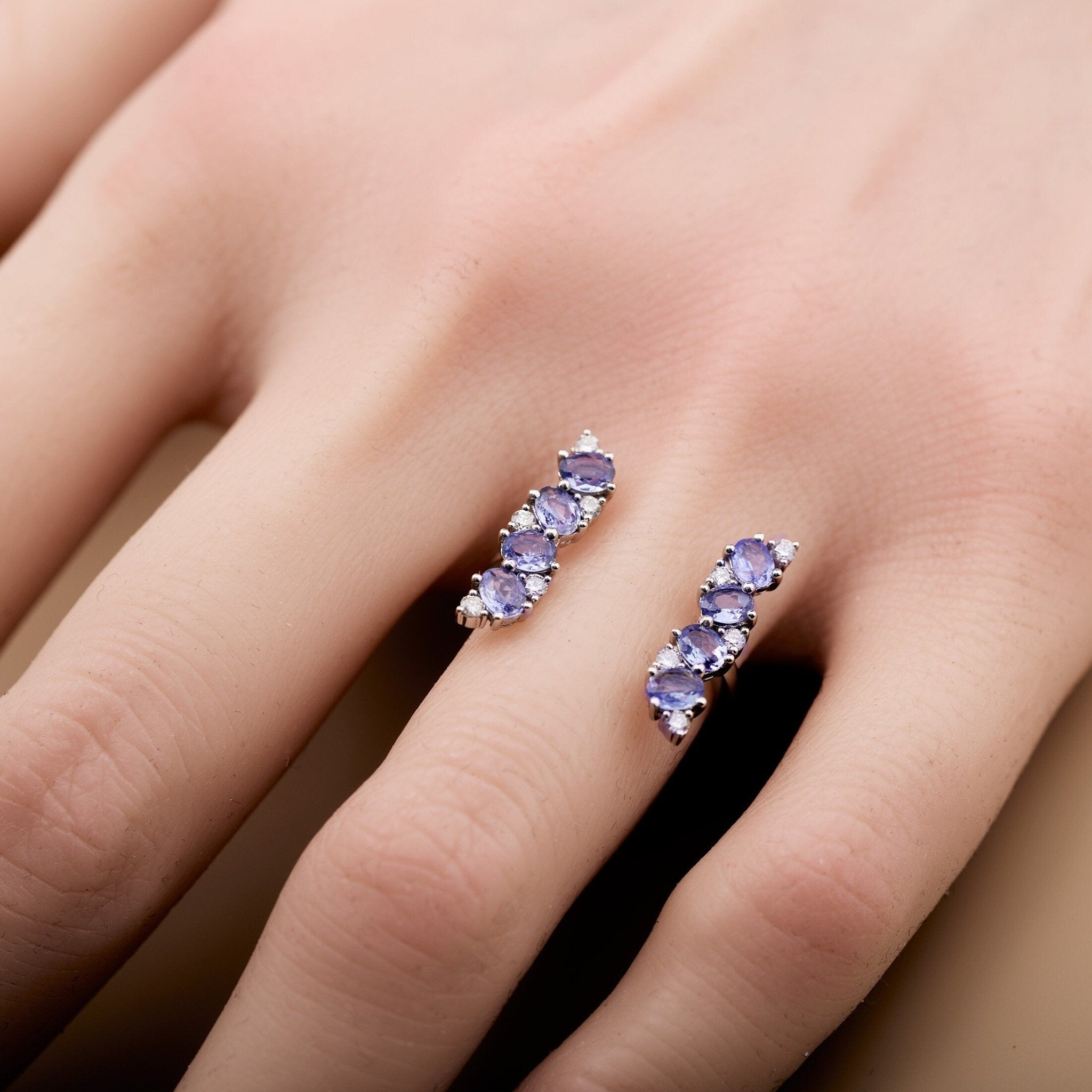 18K Gold Open Ring with Nature Tanzanite and Diamond - Jewelry And Store