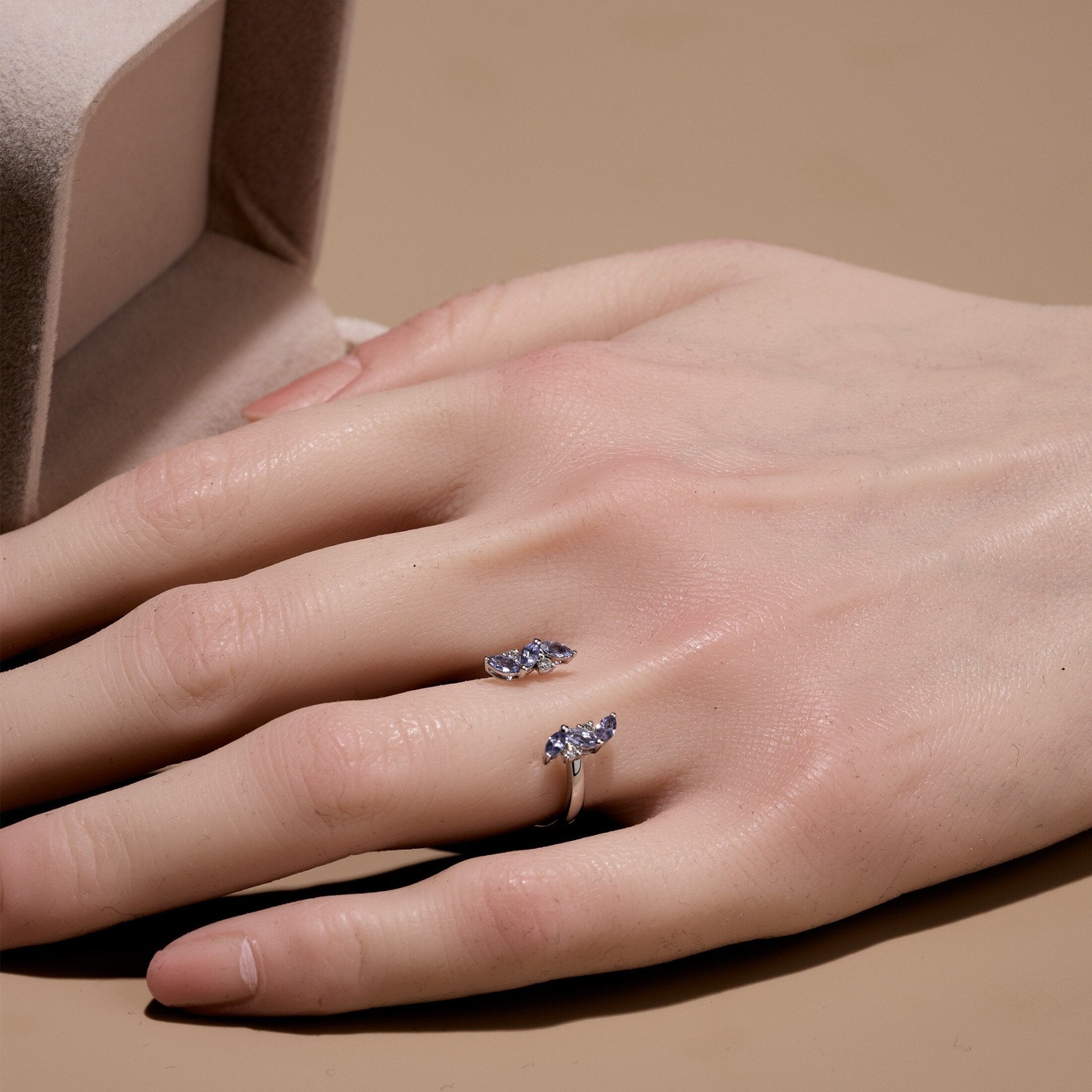 18K Gold Open Ring with Nature Tanzanite and Diamond - Jewelry And Store