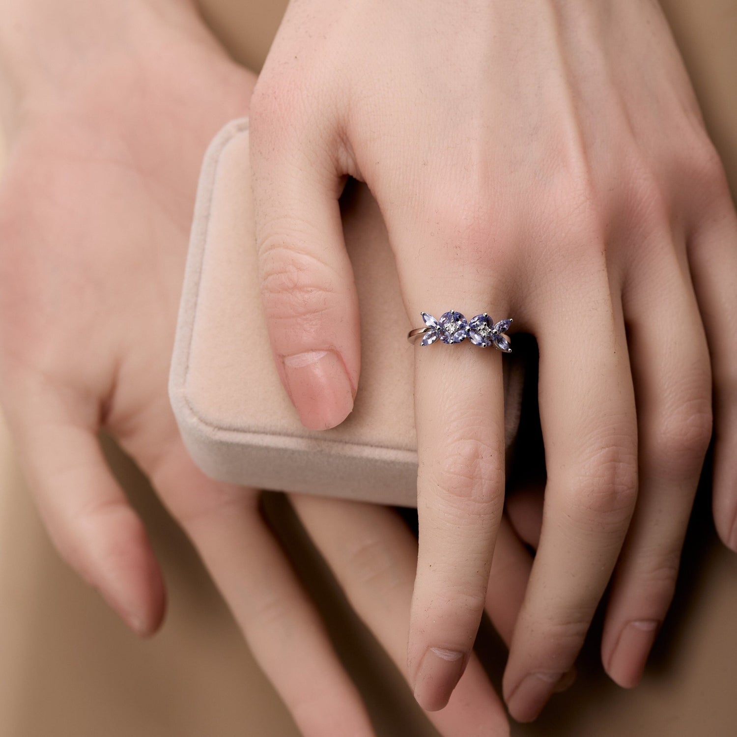 18K Gold Flowers Ring with Nature Marquise Tanzanite and Diamond - Jewelry And Store