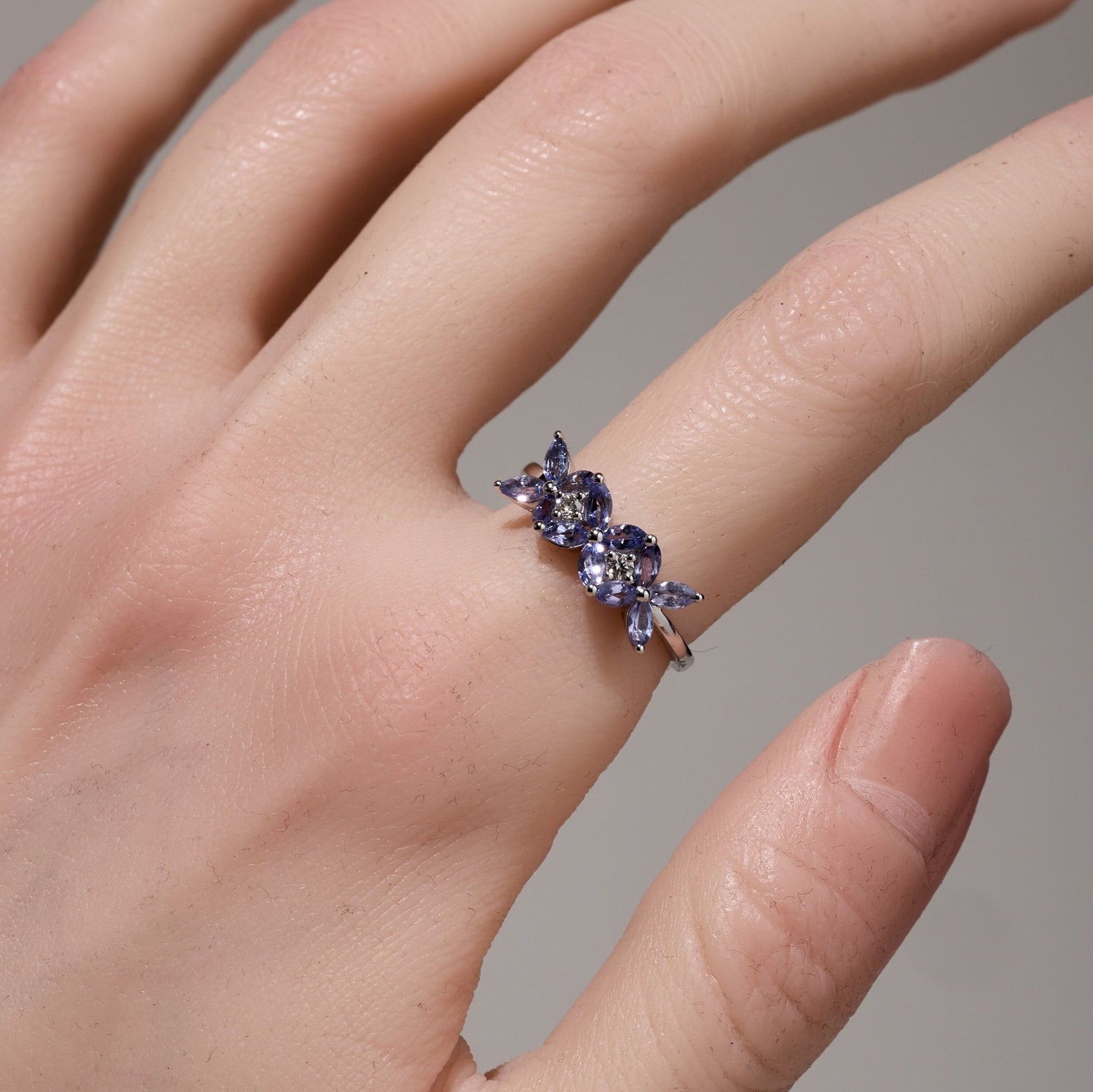 18K Gold Flowers Ring with Nature Marquise Tanzanite and Diamond - Jewelry And Store