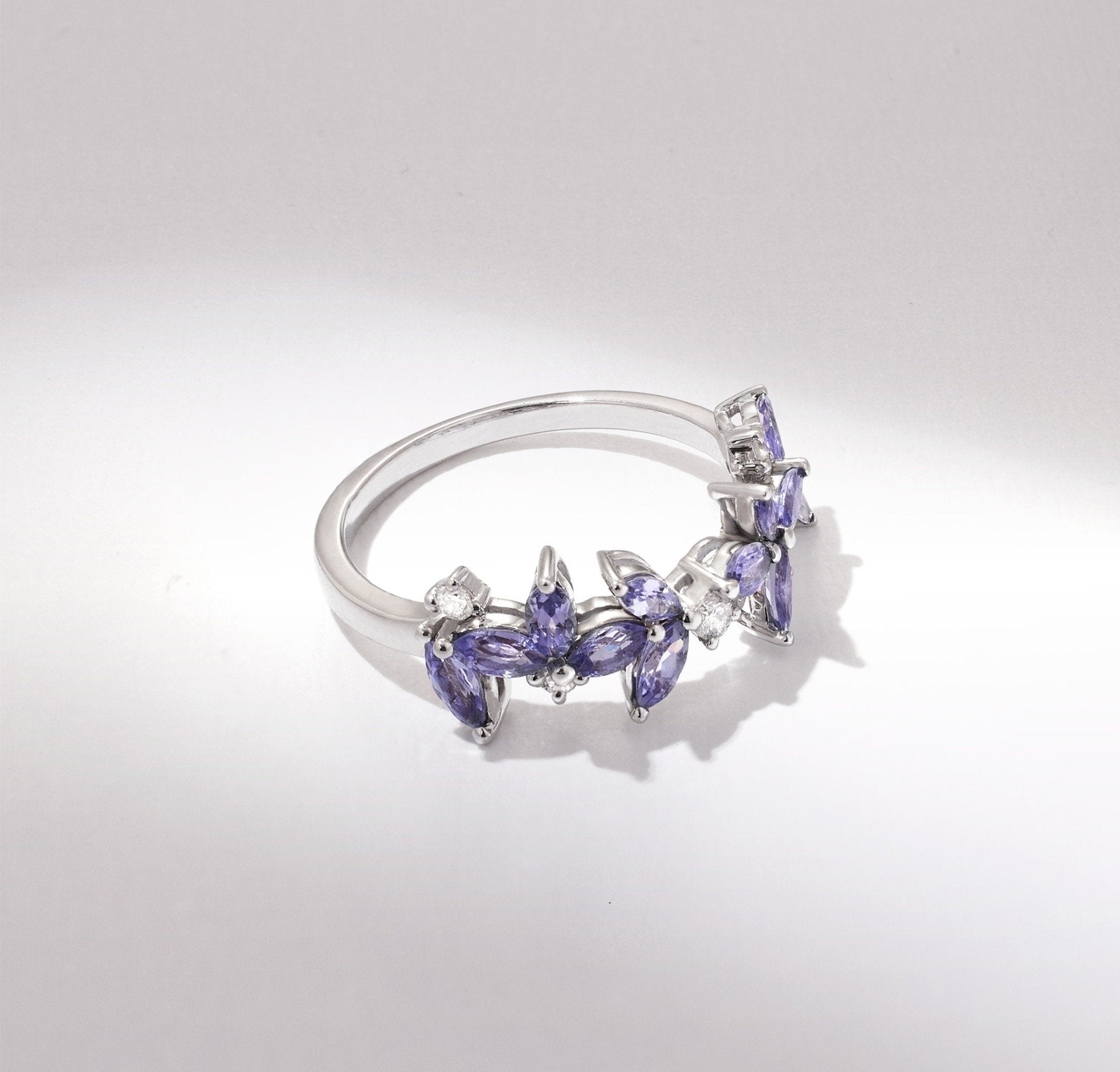 18K Gold Marquise Floral Ring with Natural Diamond and Lavender - Jewelry And Store