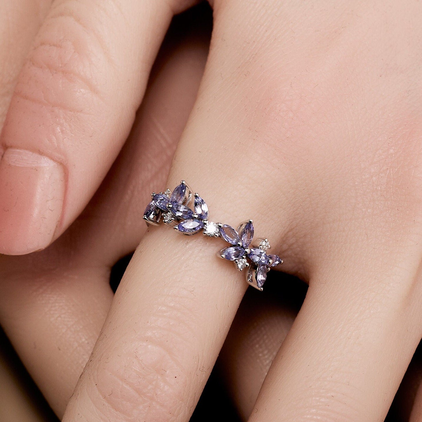 18K Gold Marquise Floral Ring with Natural Diamond and Lavender - Jewelry And Store