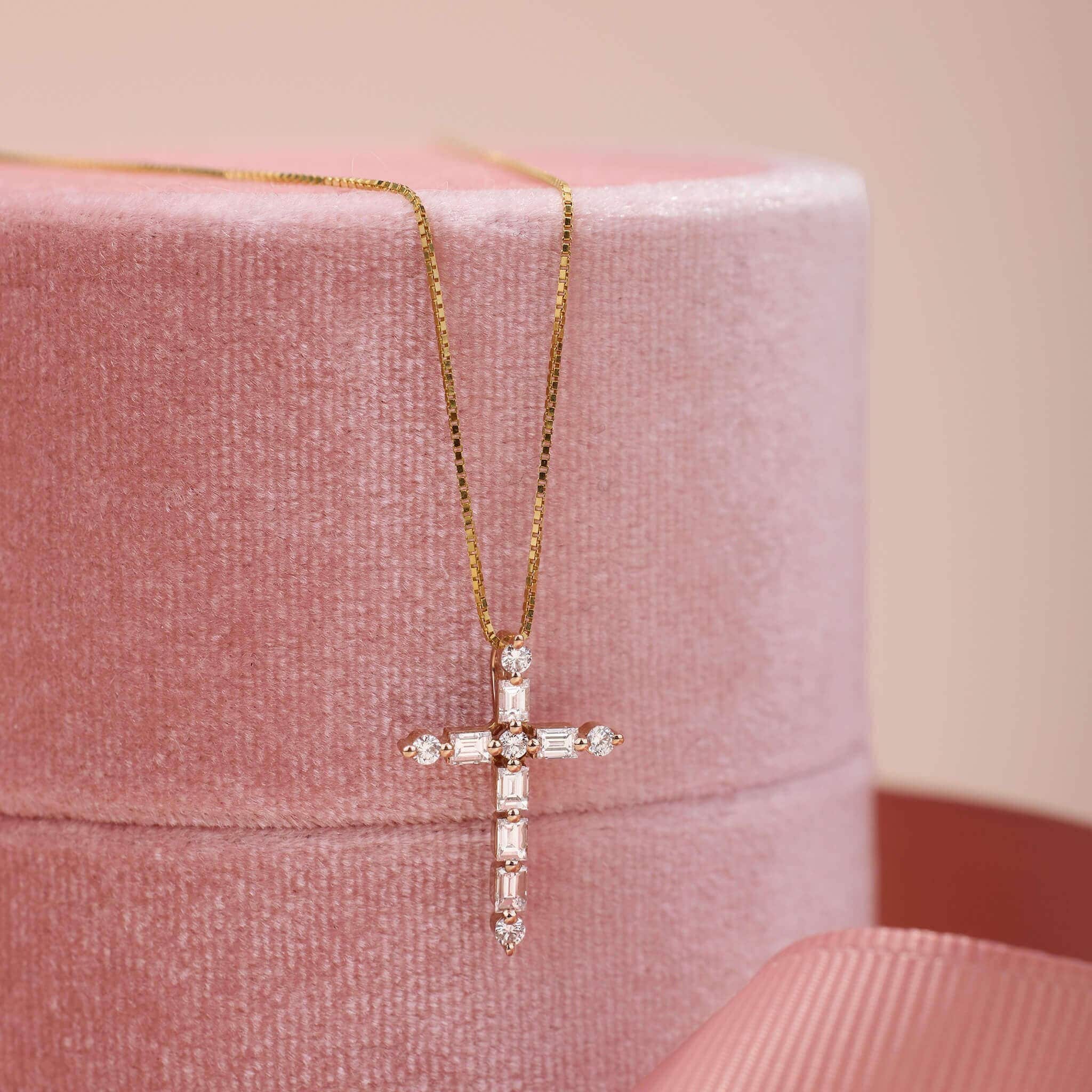 14K Gold Minimalist Cross Pendant with Natural Diamond - Jewelry And Store