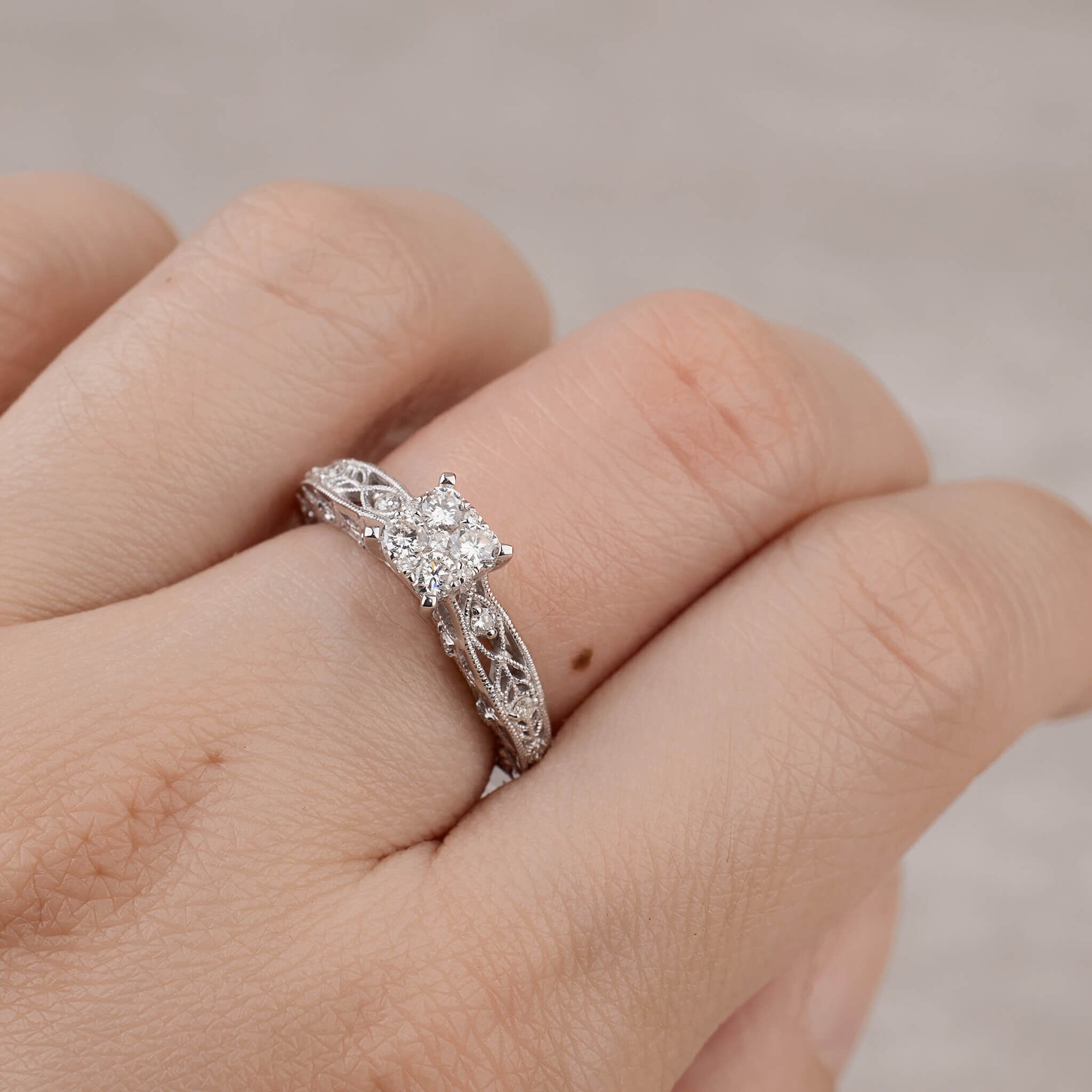 0.52 ct.tw. Vintage - styled Milgrain - Detailed Diamond Engagement Ring in 14K Gold - Jewelry And Store