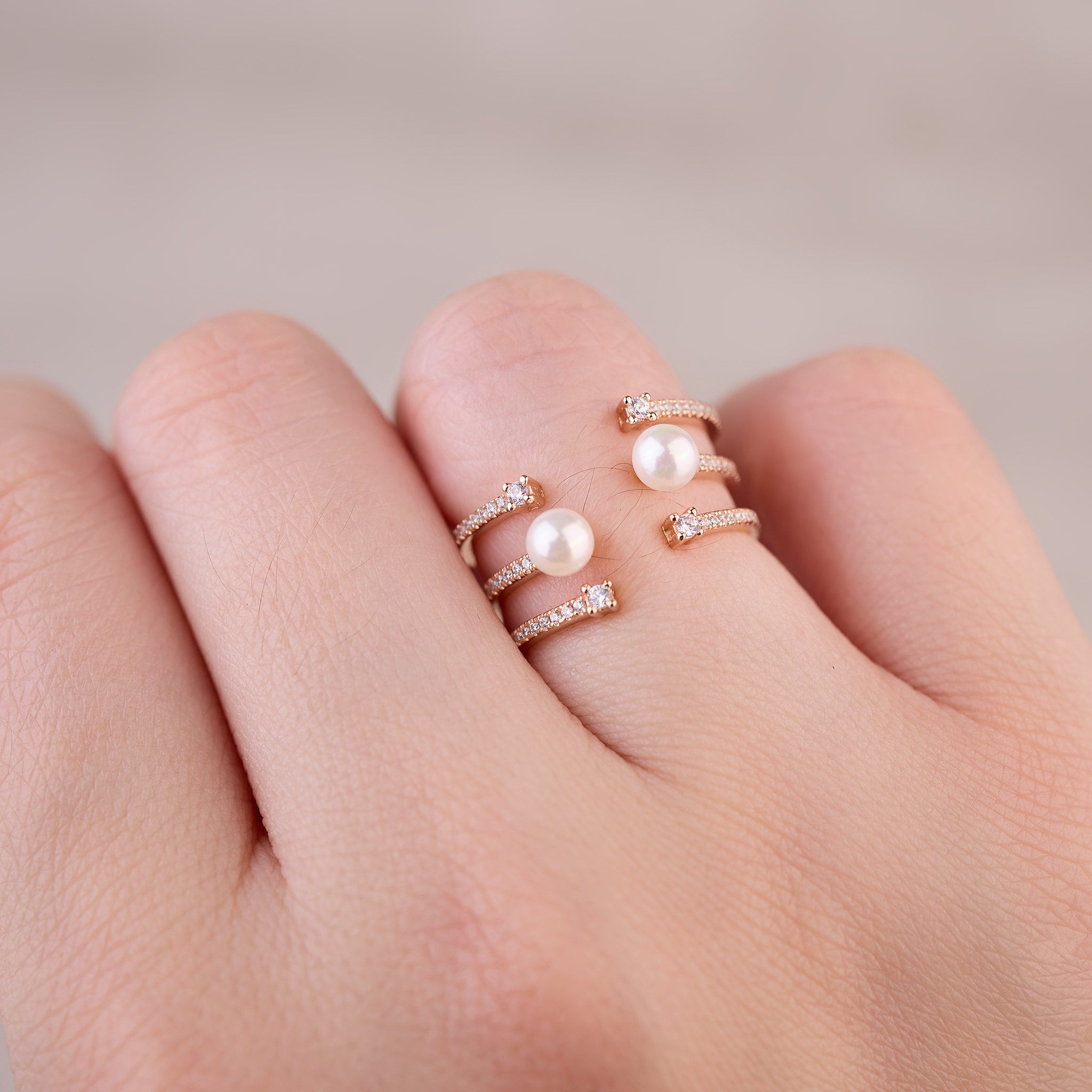 925 Silver Triple Row Fresh Water Pearl Open Ring - Jewelry And Store