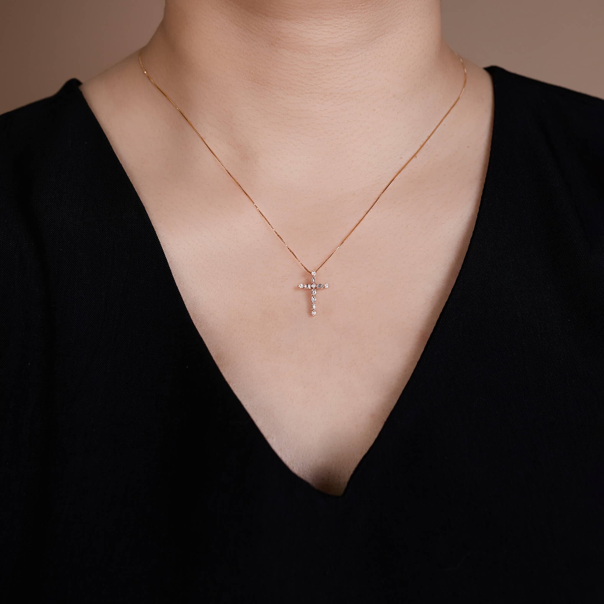 14K Gold Minimalist Cross Pendant with Natural Diamond - Jewelry And Store