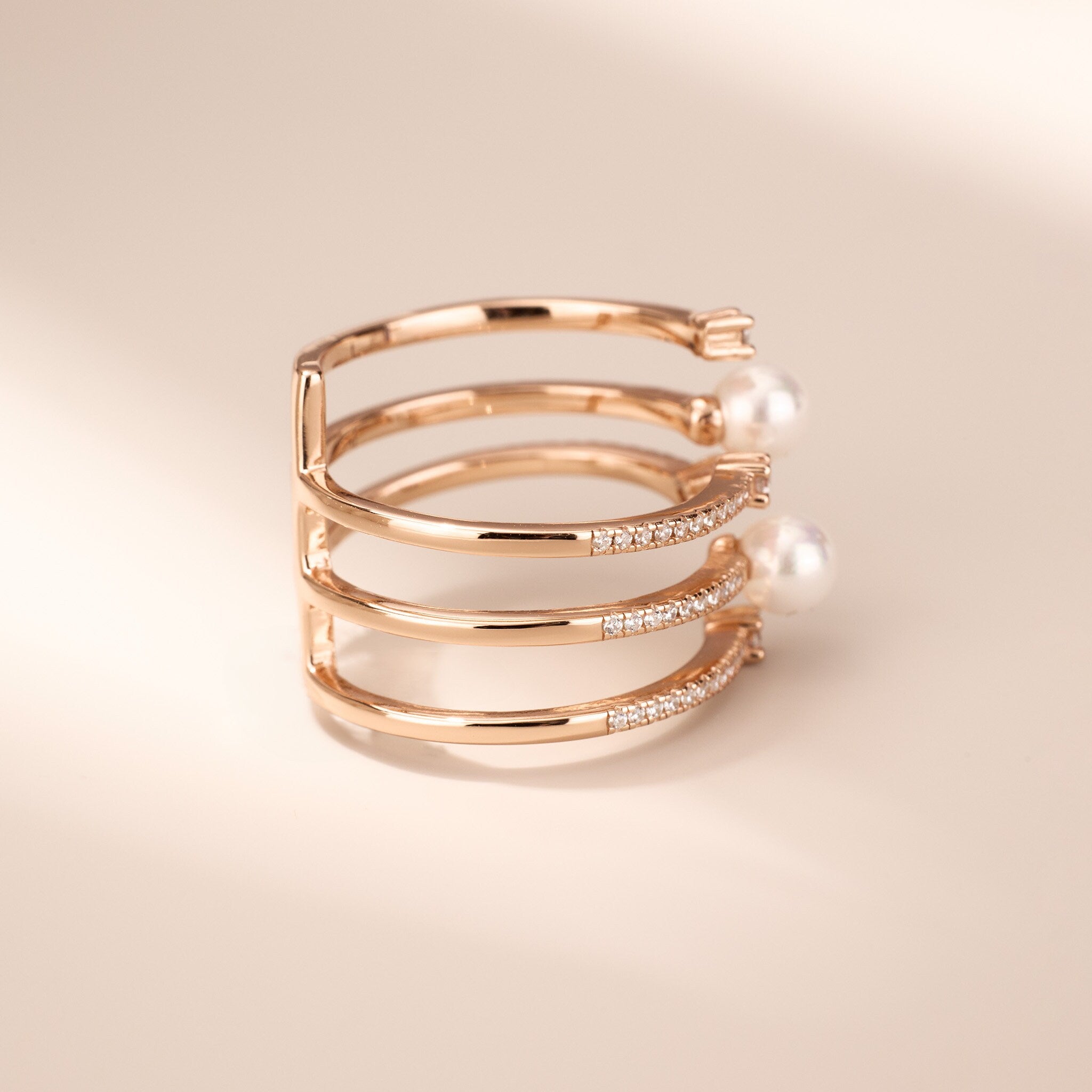 925 Silver Triple Row Fresh Water Pearl Open Ring - Jewelry And Store