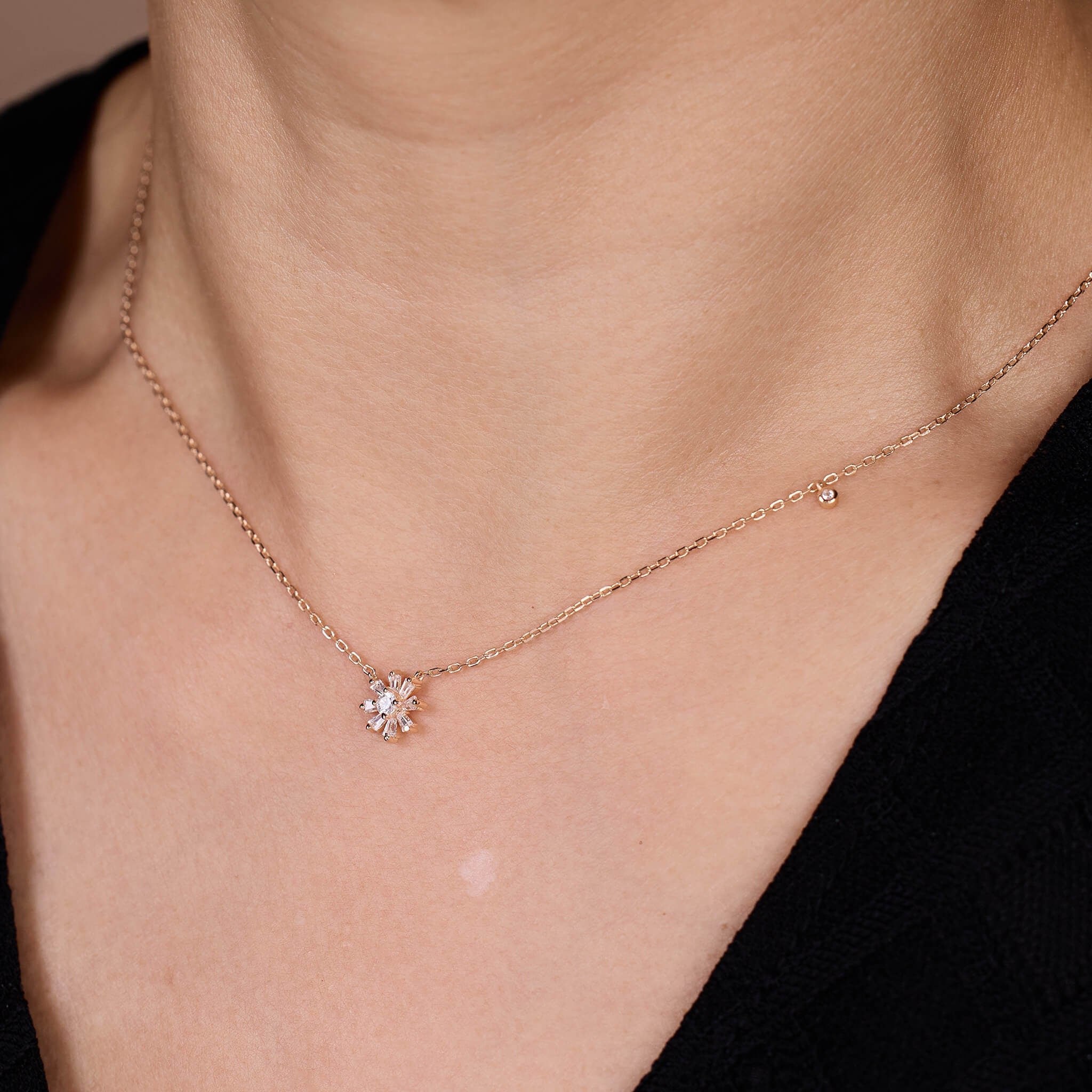 925 Silver Baguette CZ Diamond Flower Necklace - Jewelry And Store