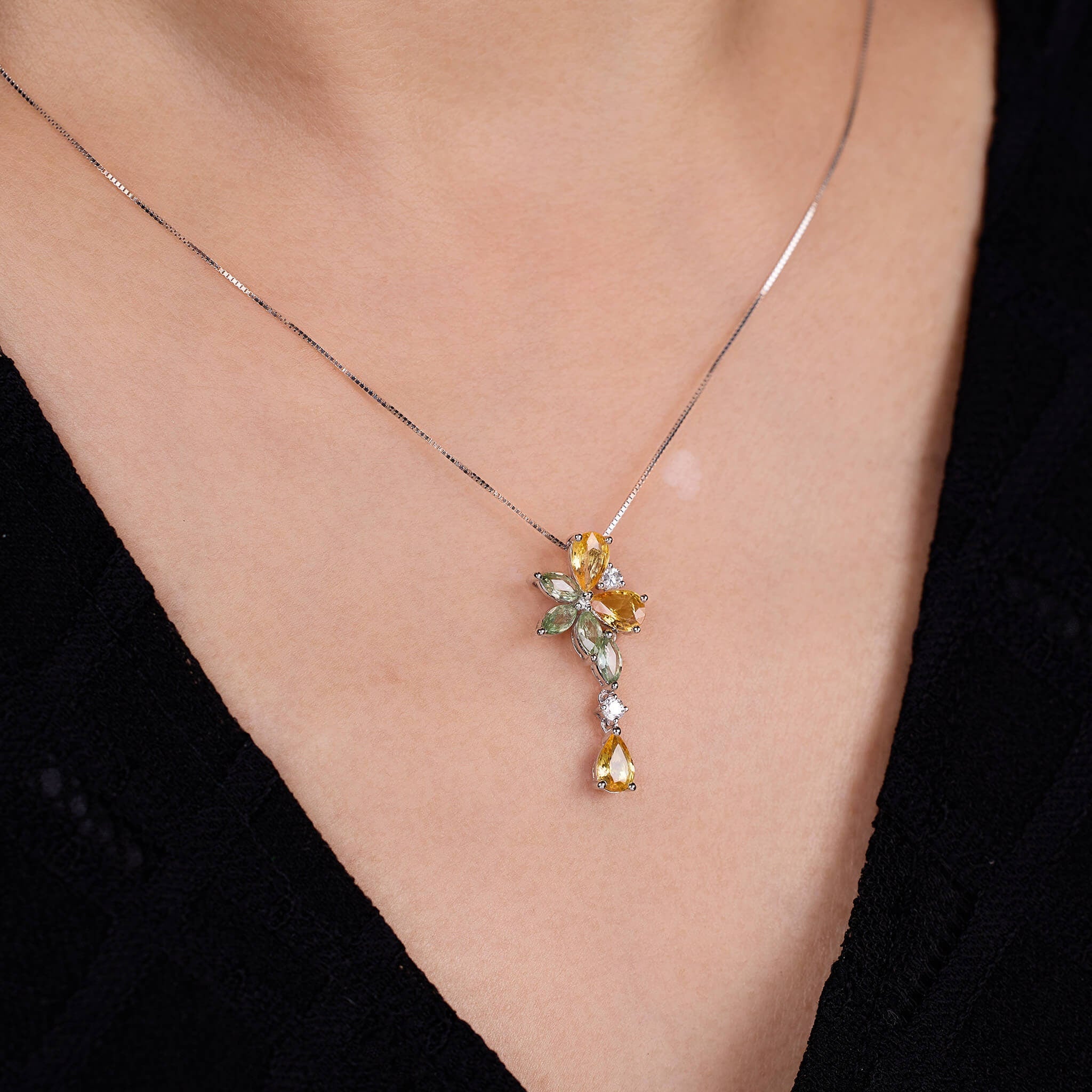 18K Gold Nature Diamond & Fancy Sapphire Drop Pendant - Jewelry And Store