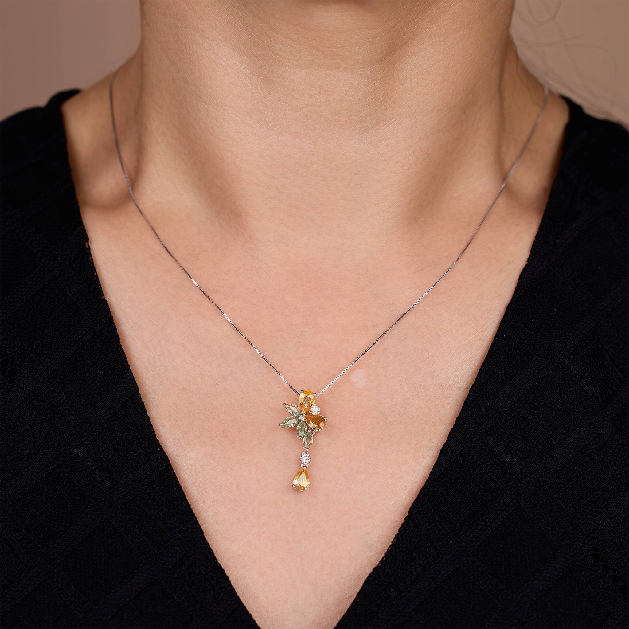 18K Gold Nature Diamond & Fancy Sapphire Drop Pendant - Jewelry And Store