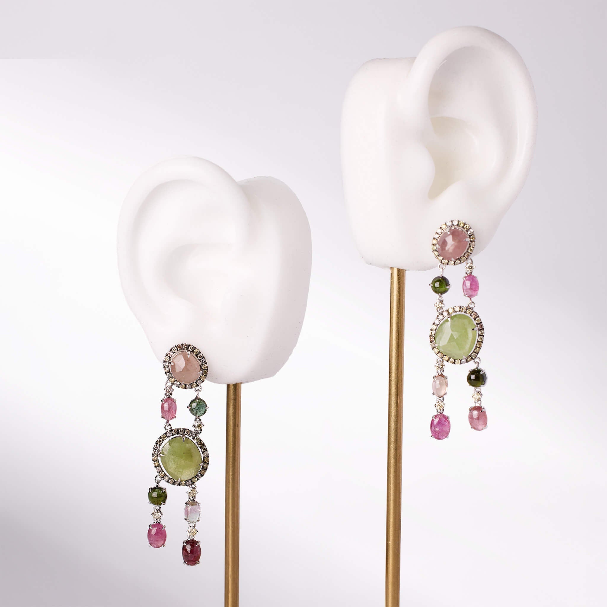 18K Gold Boho Style Raw Sapphire, Tourmaline and Diamond Drop Earrings - Jewelry And Store