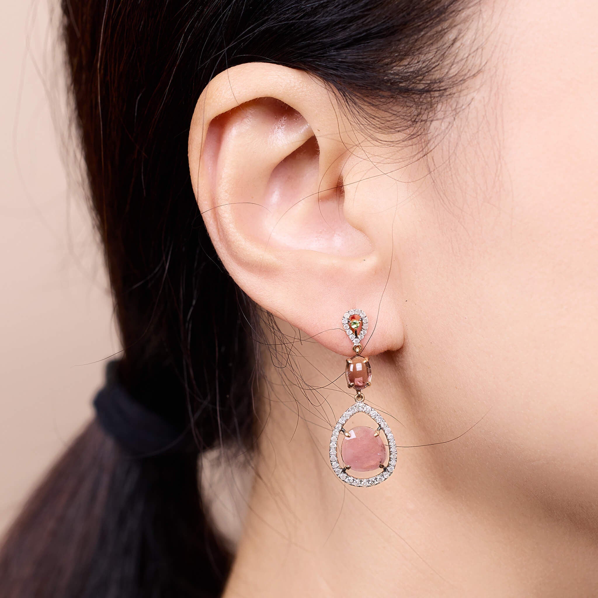 18K Gold Boho Style Raw Sapphire, Tourmaline and Diamond Drop Earrings - Jewelry And Store