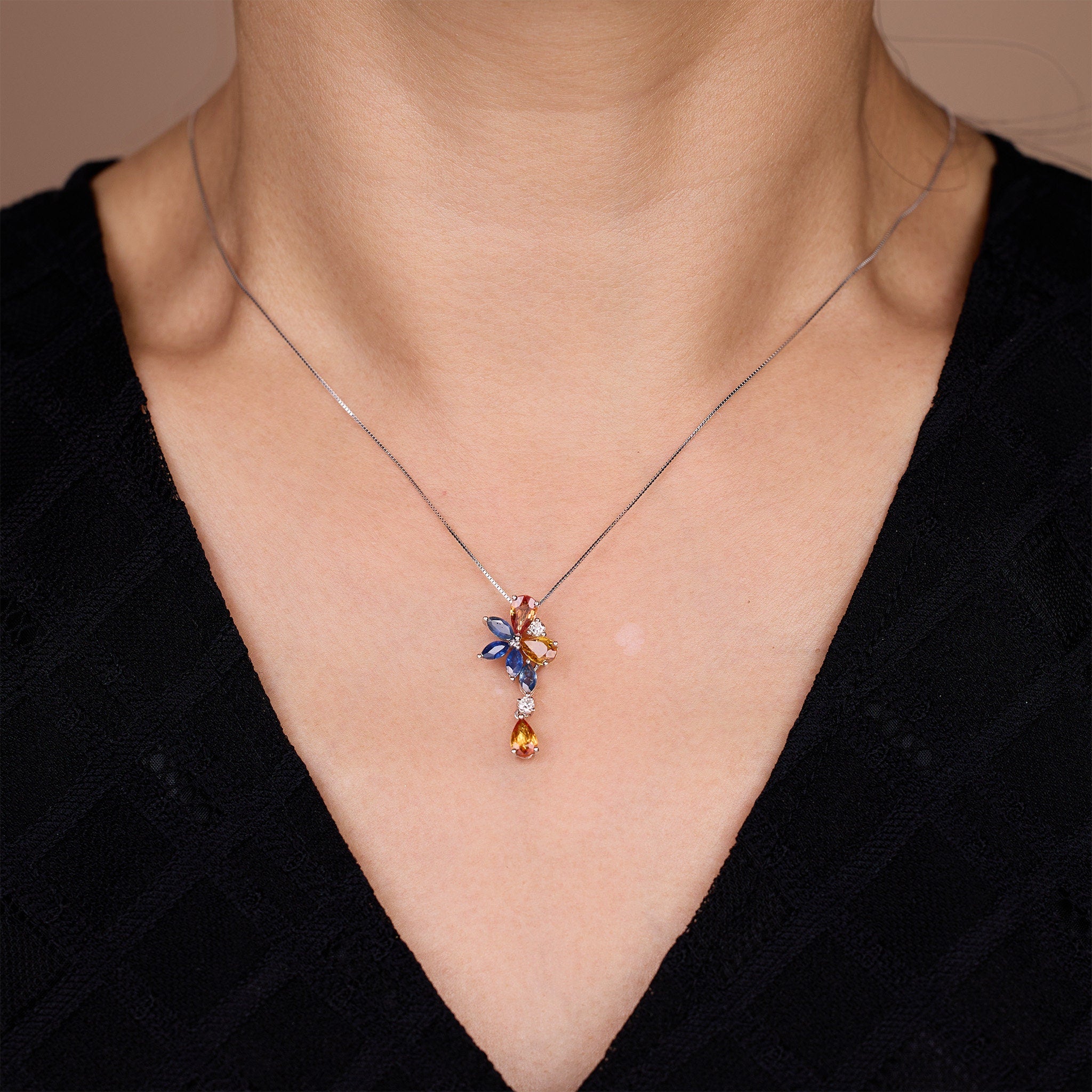 18K Gold Nature Diamond & Fancy Sapphire Drop Pendant - Jewelry And Store