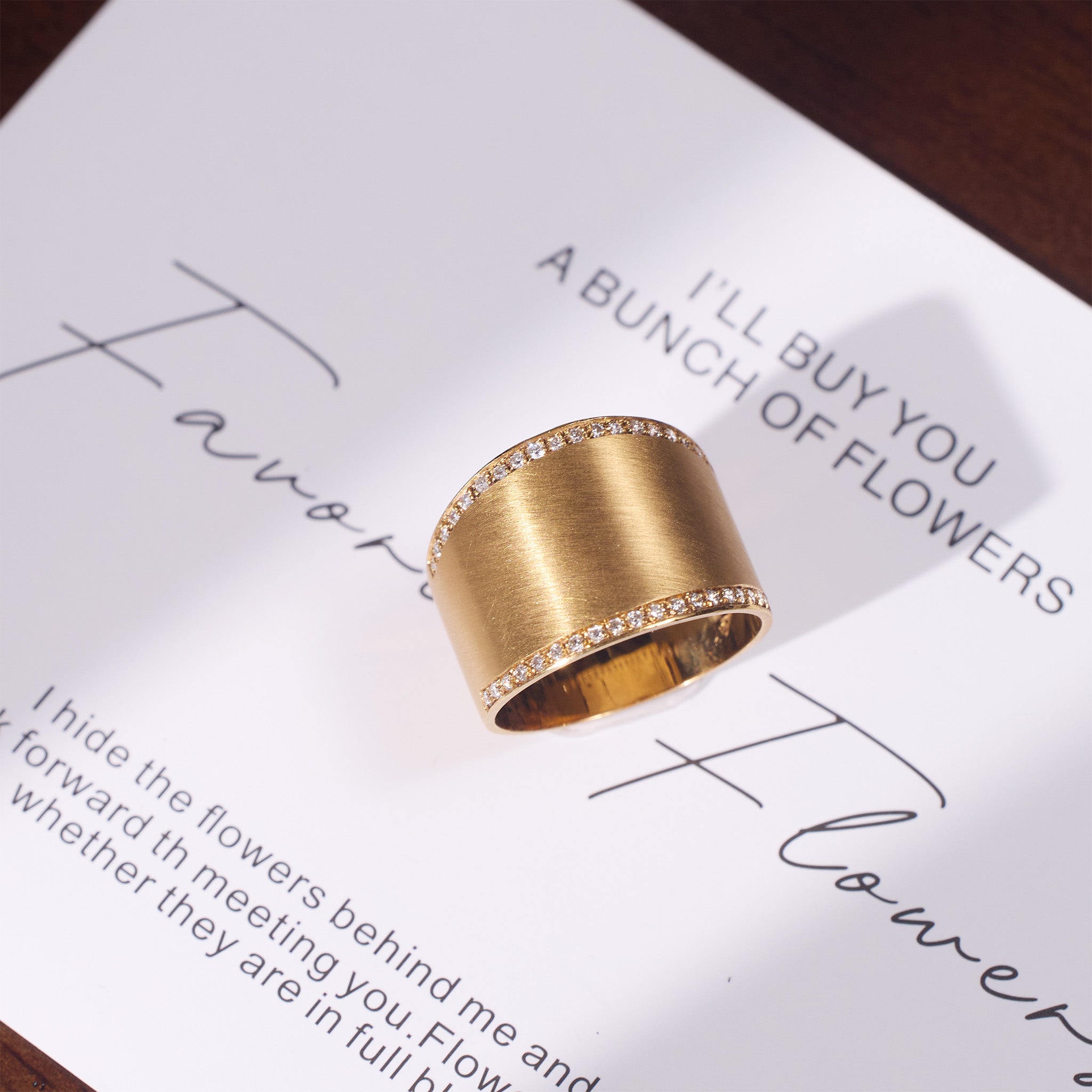 14K Matte Gold Wide Band Ring with Handcrafted Brush Finish and Natural Diamonds - JewelryAndStore