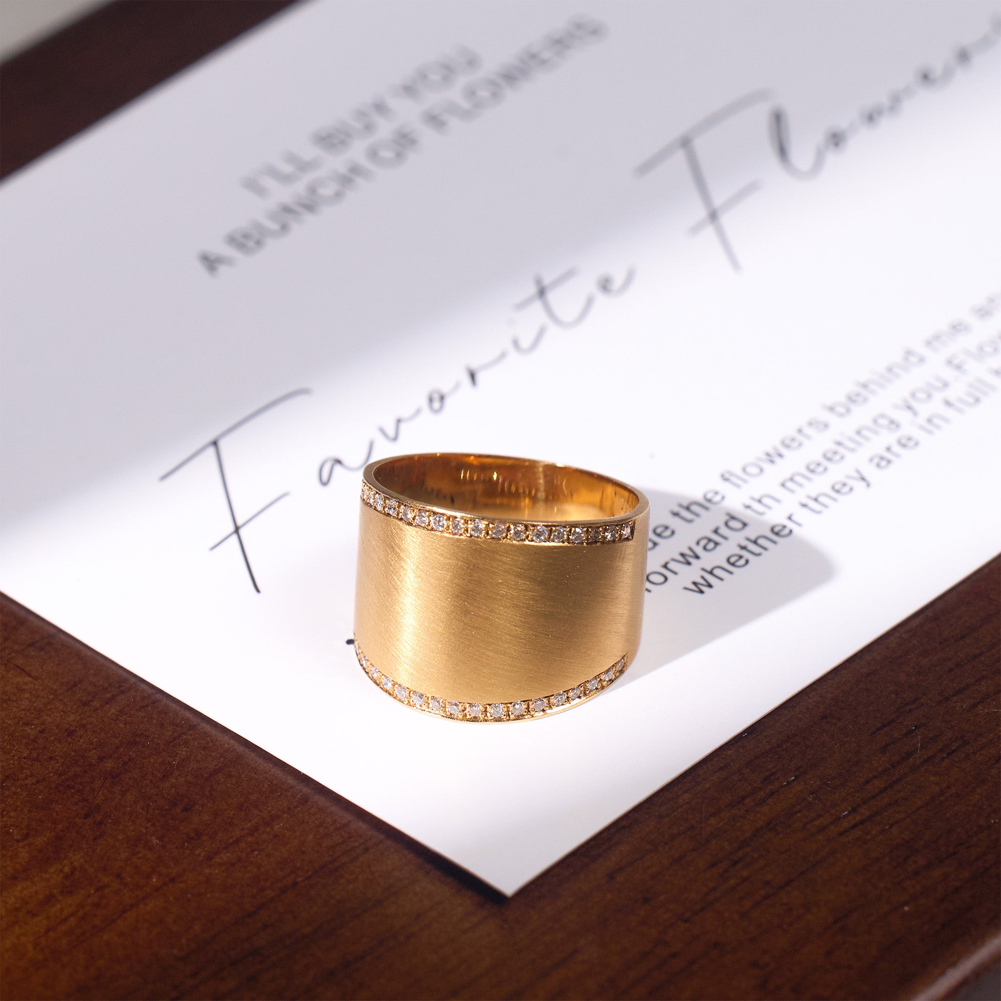14K Matte Gold Wide Band Ring with Handcrafted Brush Finish and Natural Diamonds - JewelryAndStore