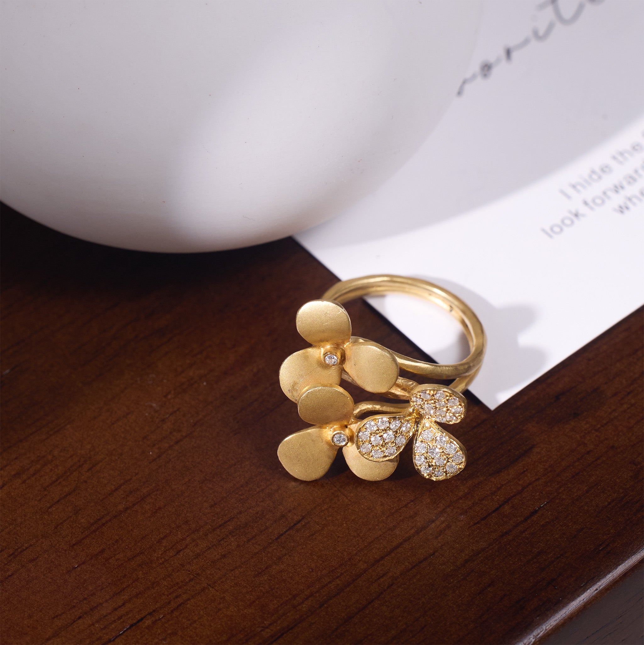 14K Matte Gold Flower Ring with Natural Diamonds - JewelryAndStore