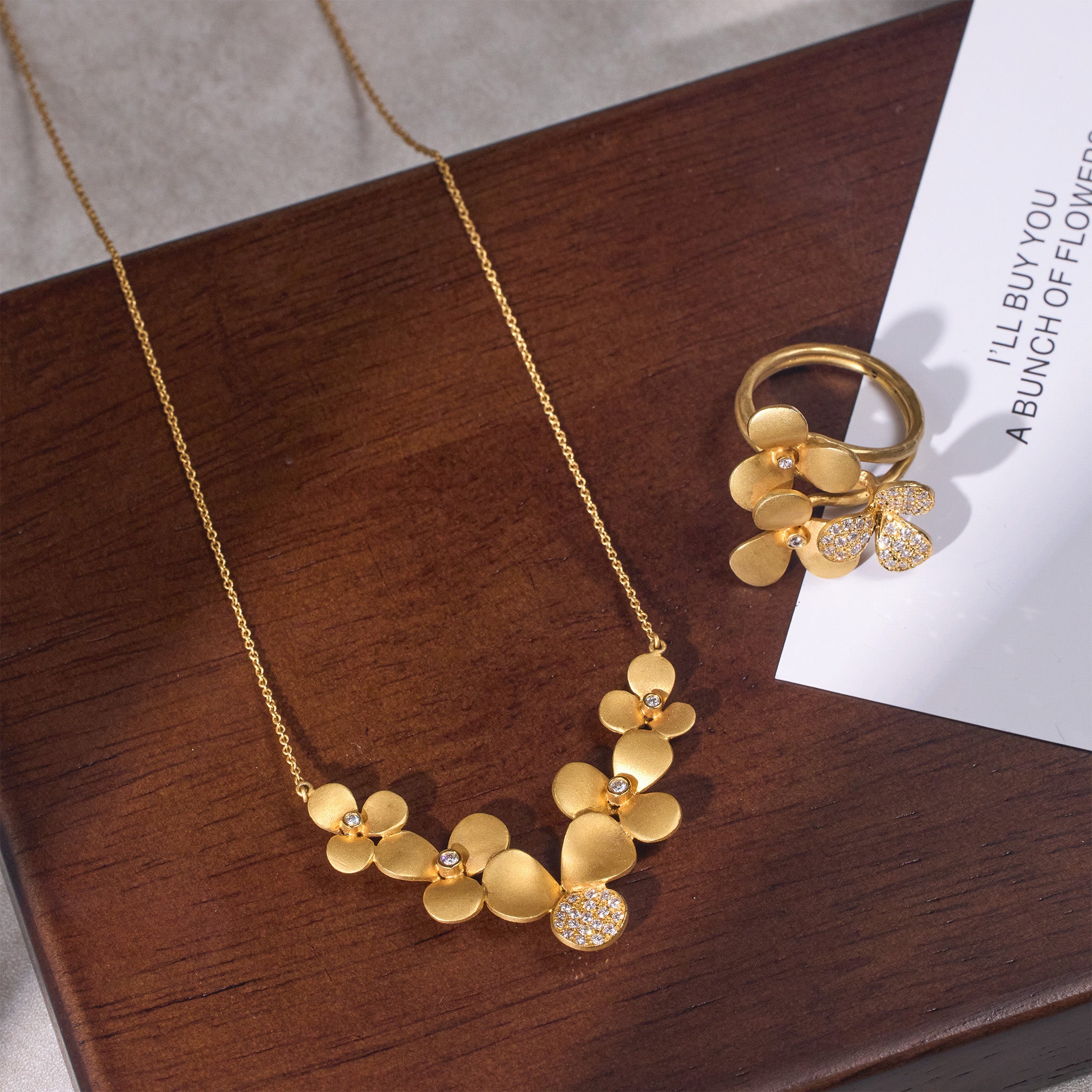 14K Matte Gold Flower Ring with Natural Diamonds - JewelryAndStore