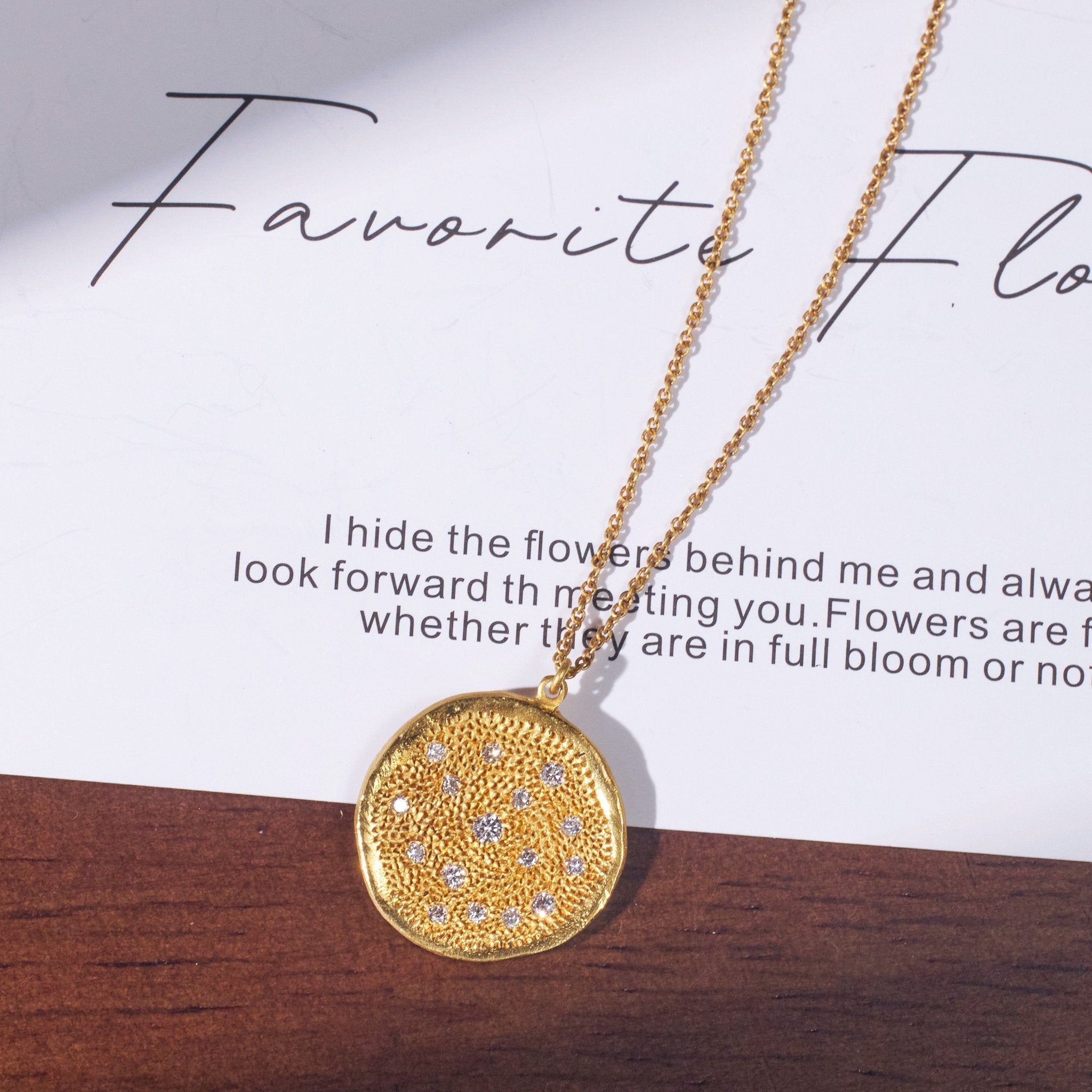 14K Matte Gold Round Pendant with Natural Diamonds - Jewelry And Store