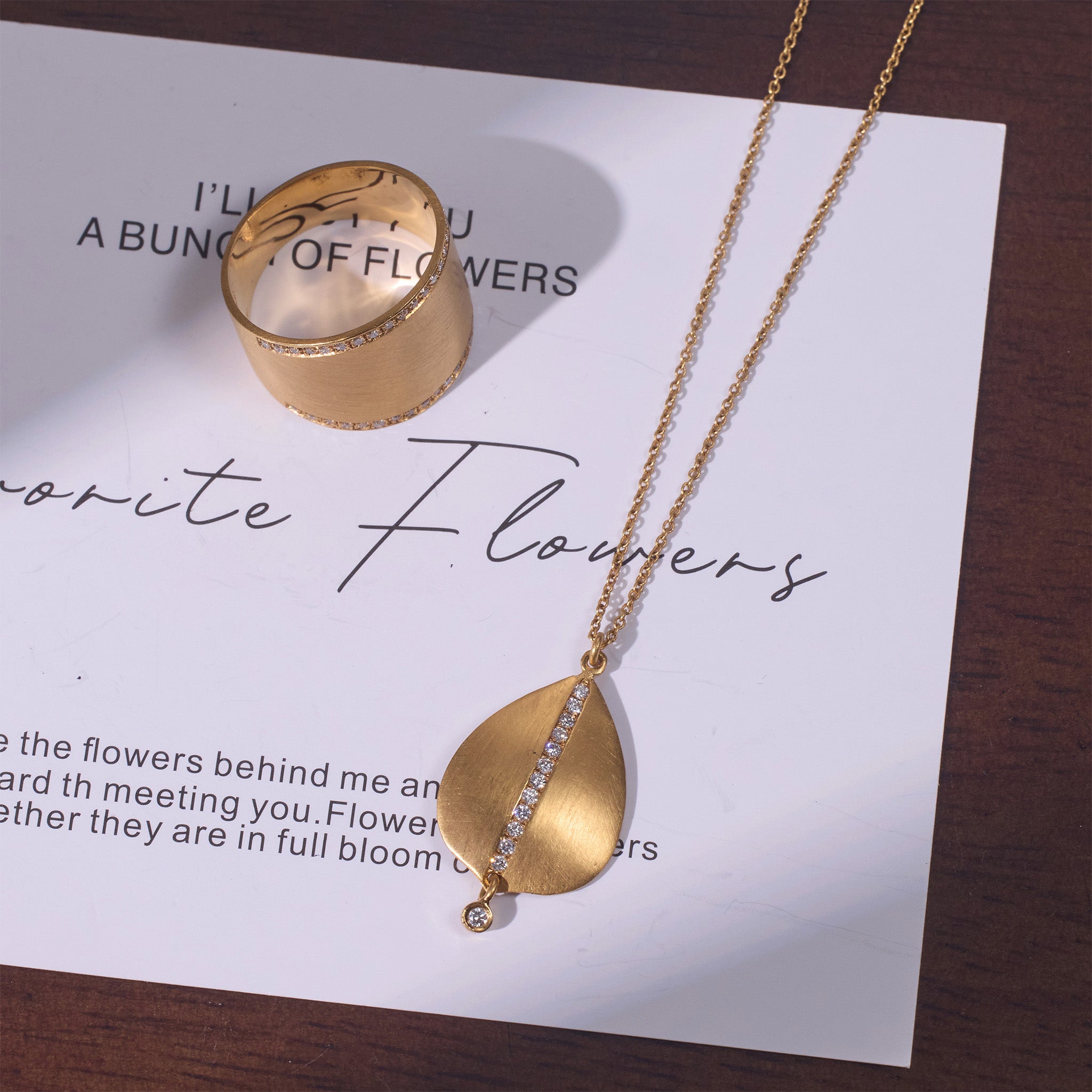 14K Solid Gold Leaf Pendant Necklace with Natural Diamonds and Handcrafted Brushed Finish - Jewelry And Store