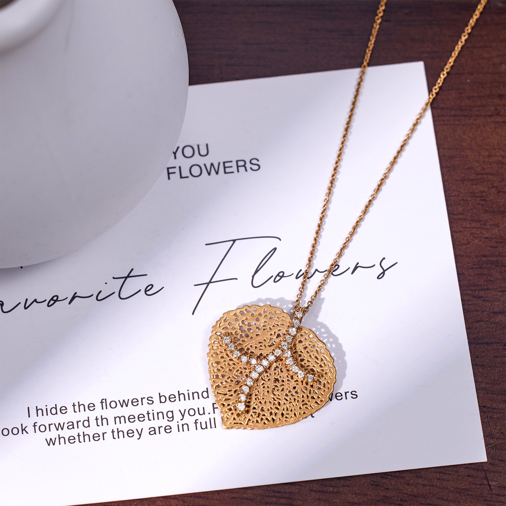 14K Matte Gold Filigree Leaf Pendant with Natural Diamonds - Jewelry And Store