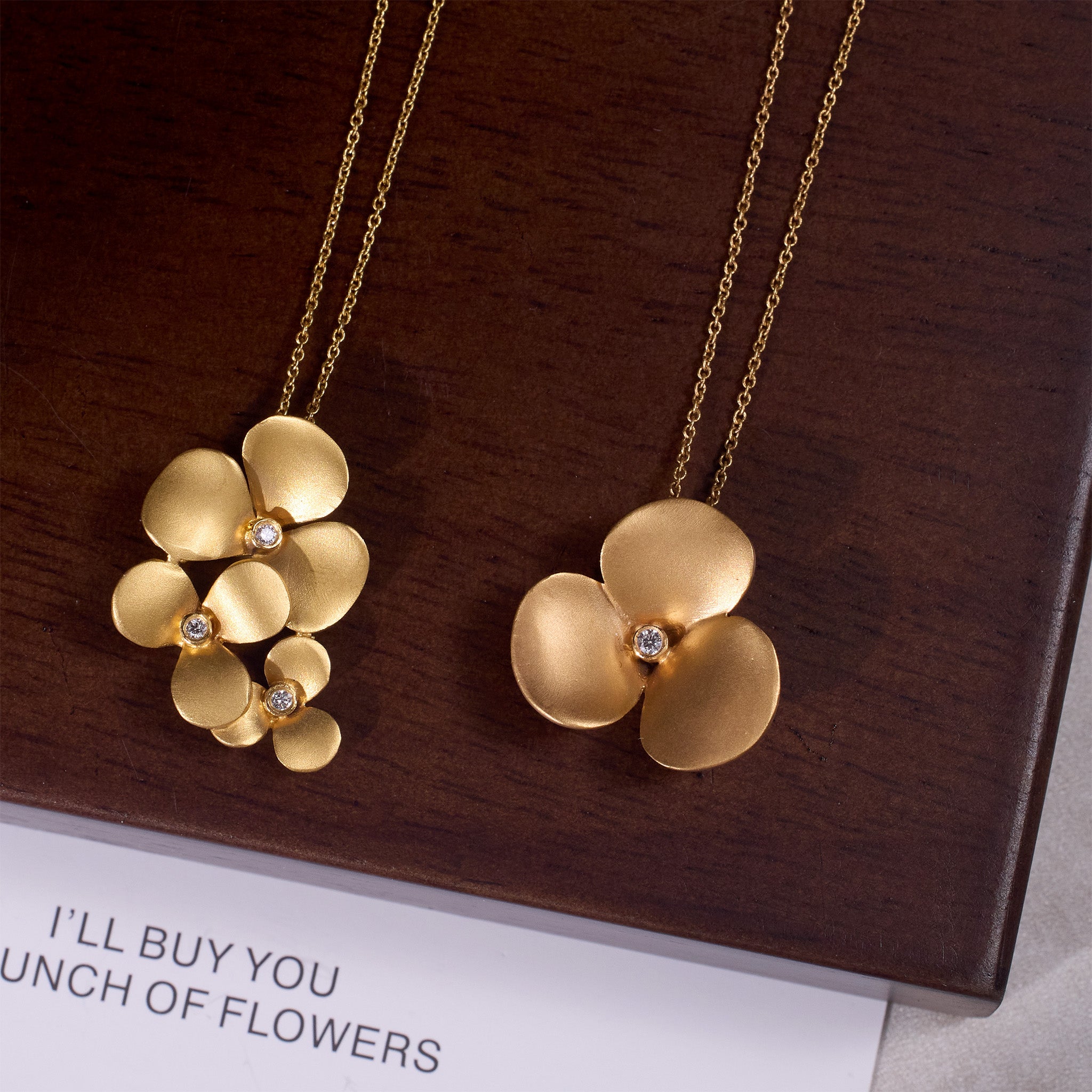 14K Matte Gold Flower Pendant Necklace with Natural Diamonds - Jewelry And Store