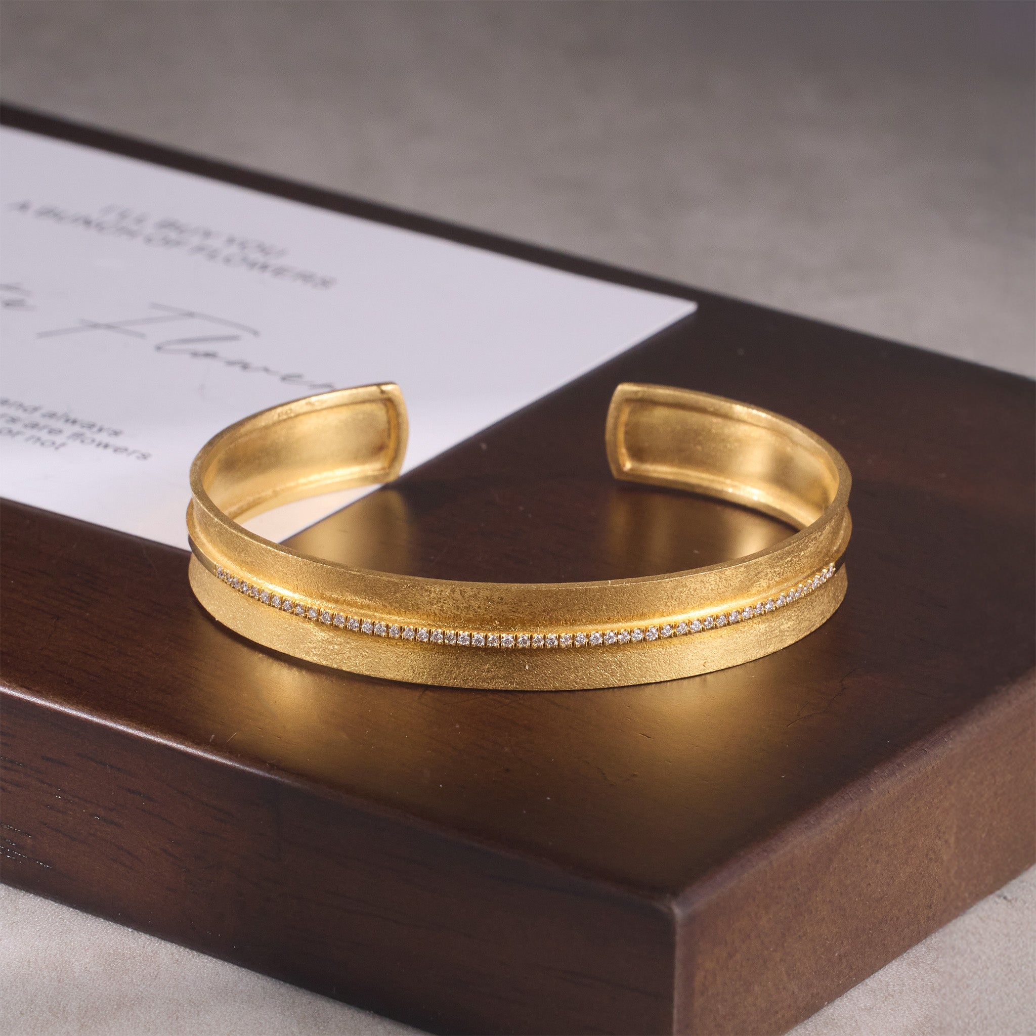 14K Gold Open Cuff Diamond Bracelet with Sand - Brushed Finish - Jewelry And Store