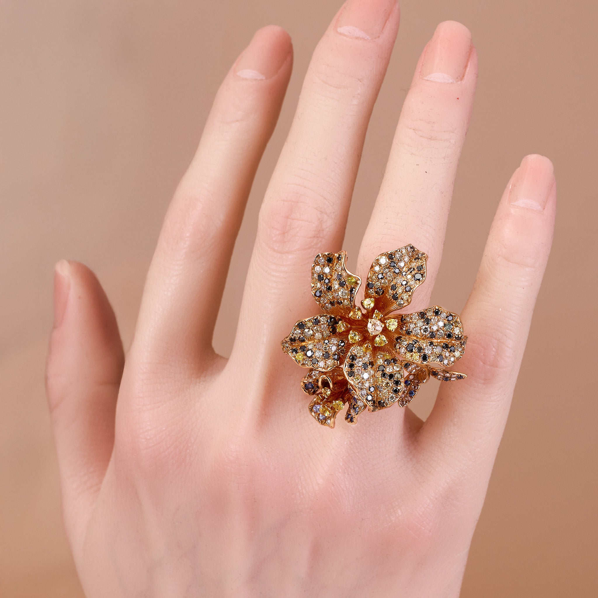 18K Rose Gold Flower Ring with Sapphires and Color Diamonds