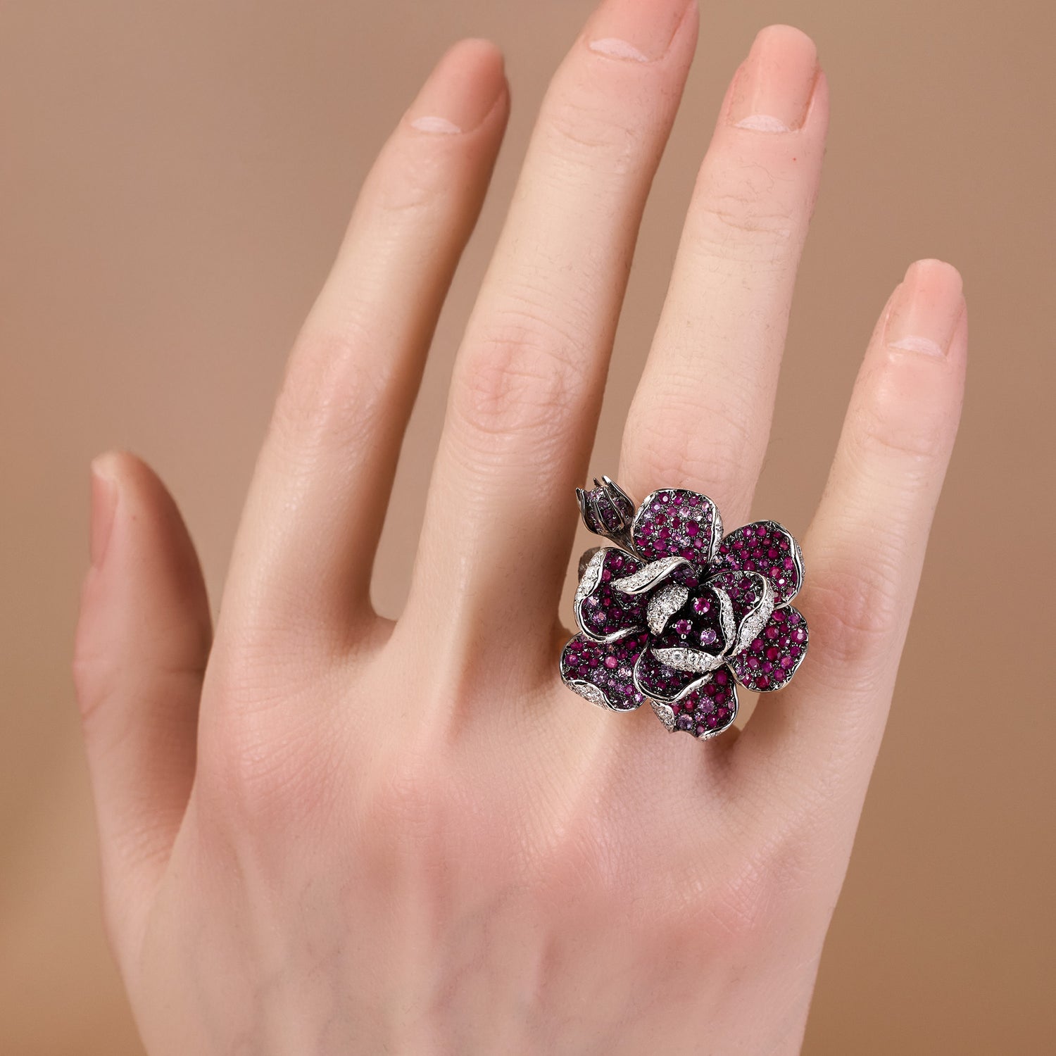 18K Gold Flower Ring with Diamonds, Rubies, and Pink Sapphires - Jewelry And Store