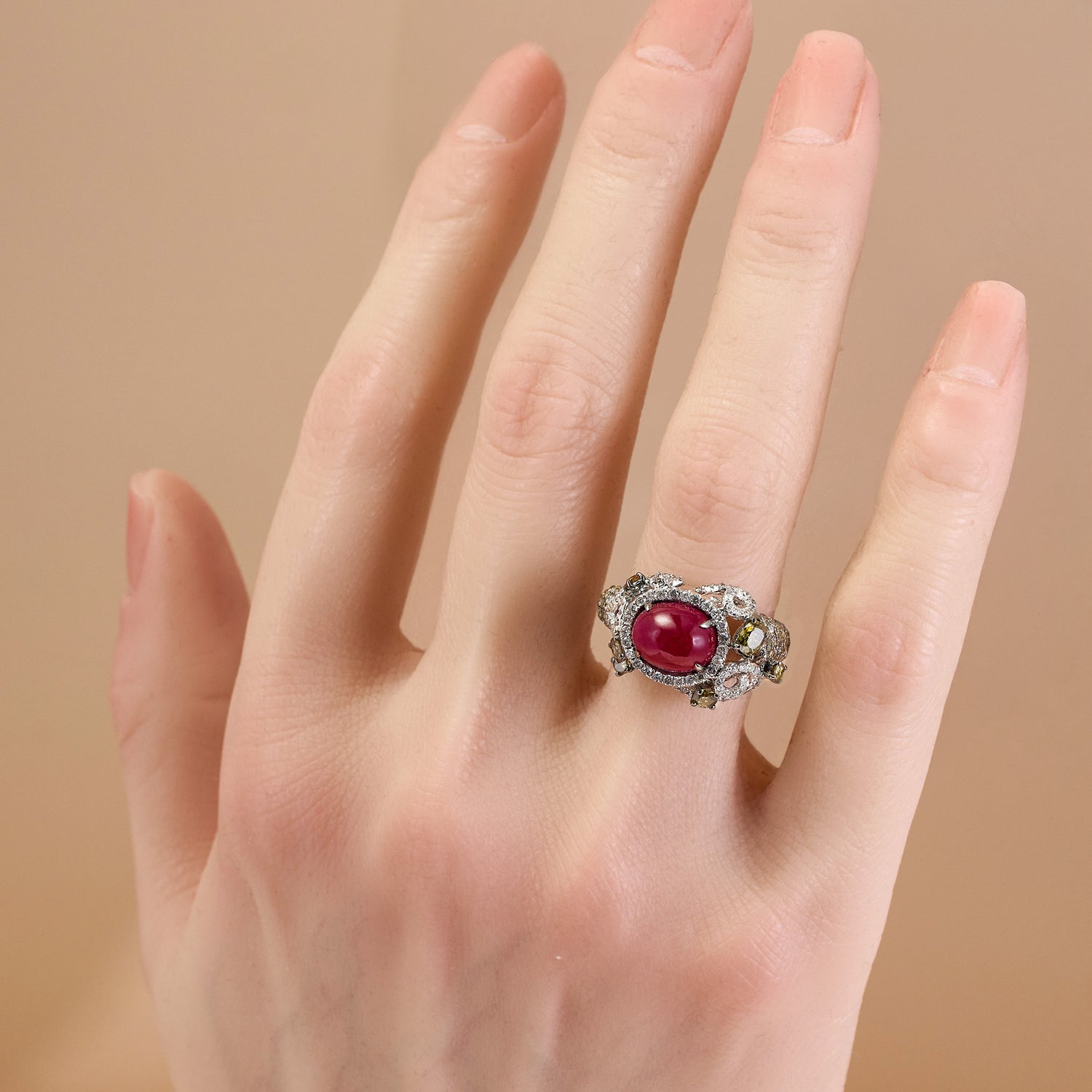 18K Gold Ring with Oval Ruby and Color Diamonds - Jewelry And Store