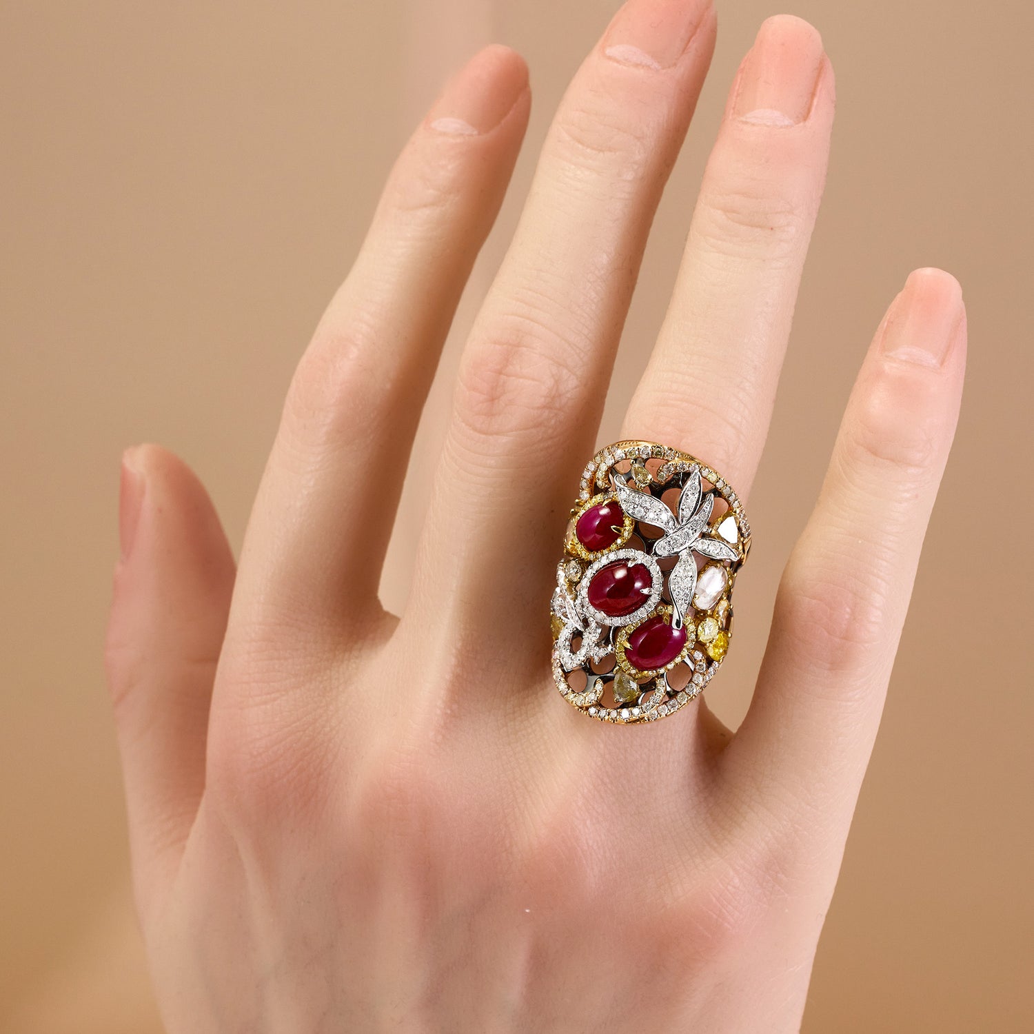 18K Yellow Gold Ring with Natural Ruby & Fancy Diamonds - Jewelry And Store