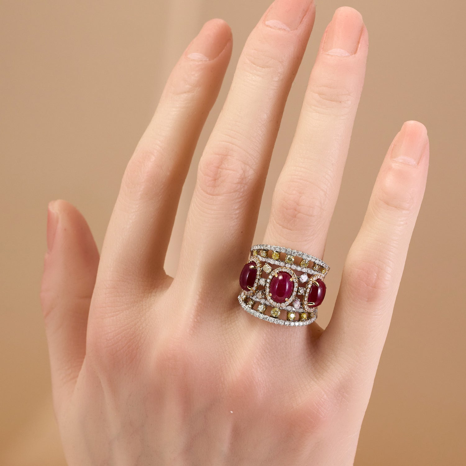 18K White Gold Ring with Natural Oval Rubies and Color Diamonds - Jewelry And Store