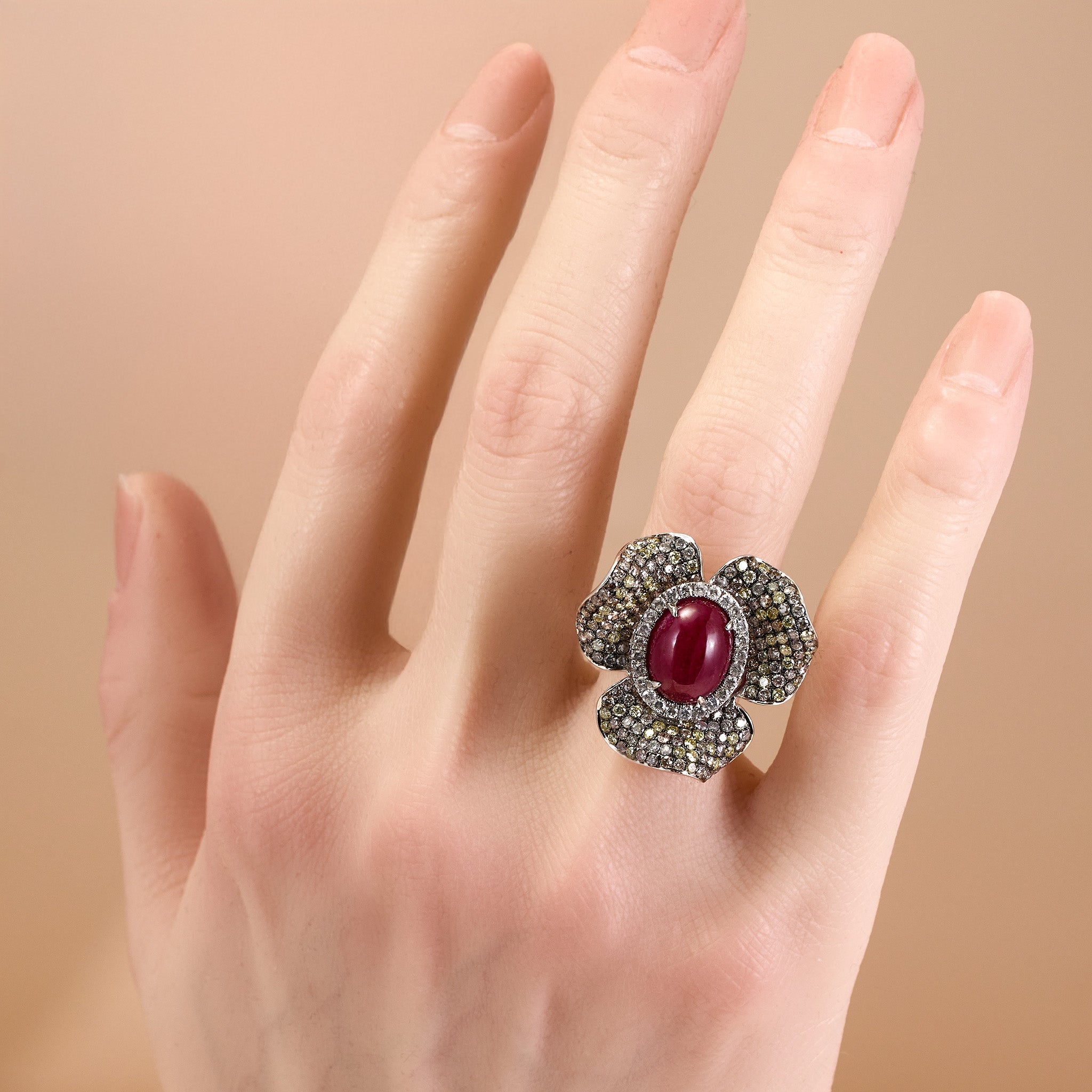 18K White Gold Flower Ring with Oval Ruby and Color Diamonds - Jewelry And Store