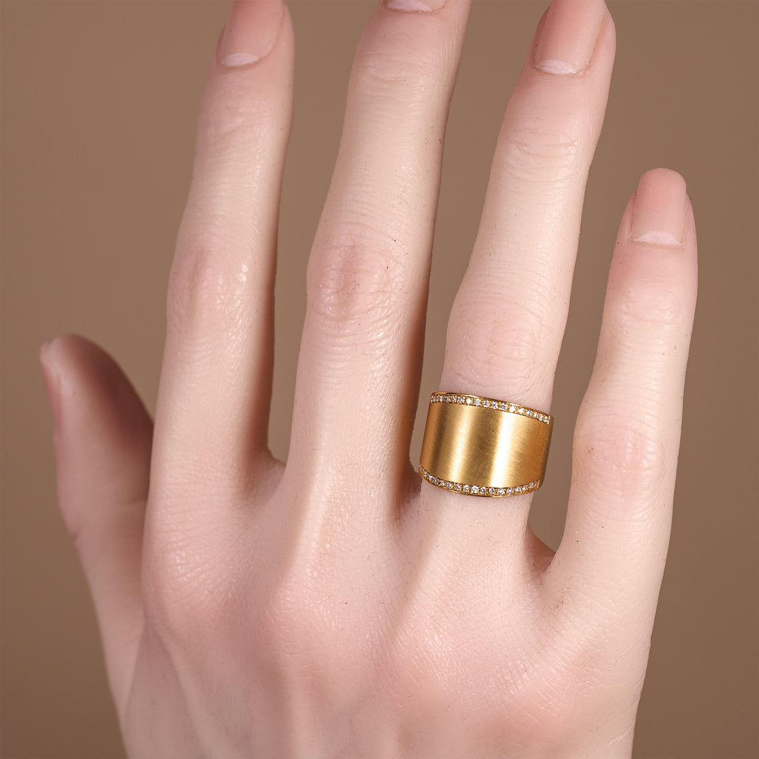 14K Matte Gold Wide Band Ring with Handcrafted Brush Finish and Natural Diamonds - JewelryAndStore